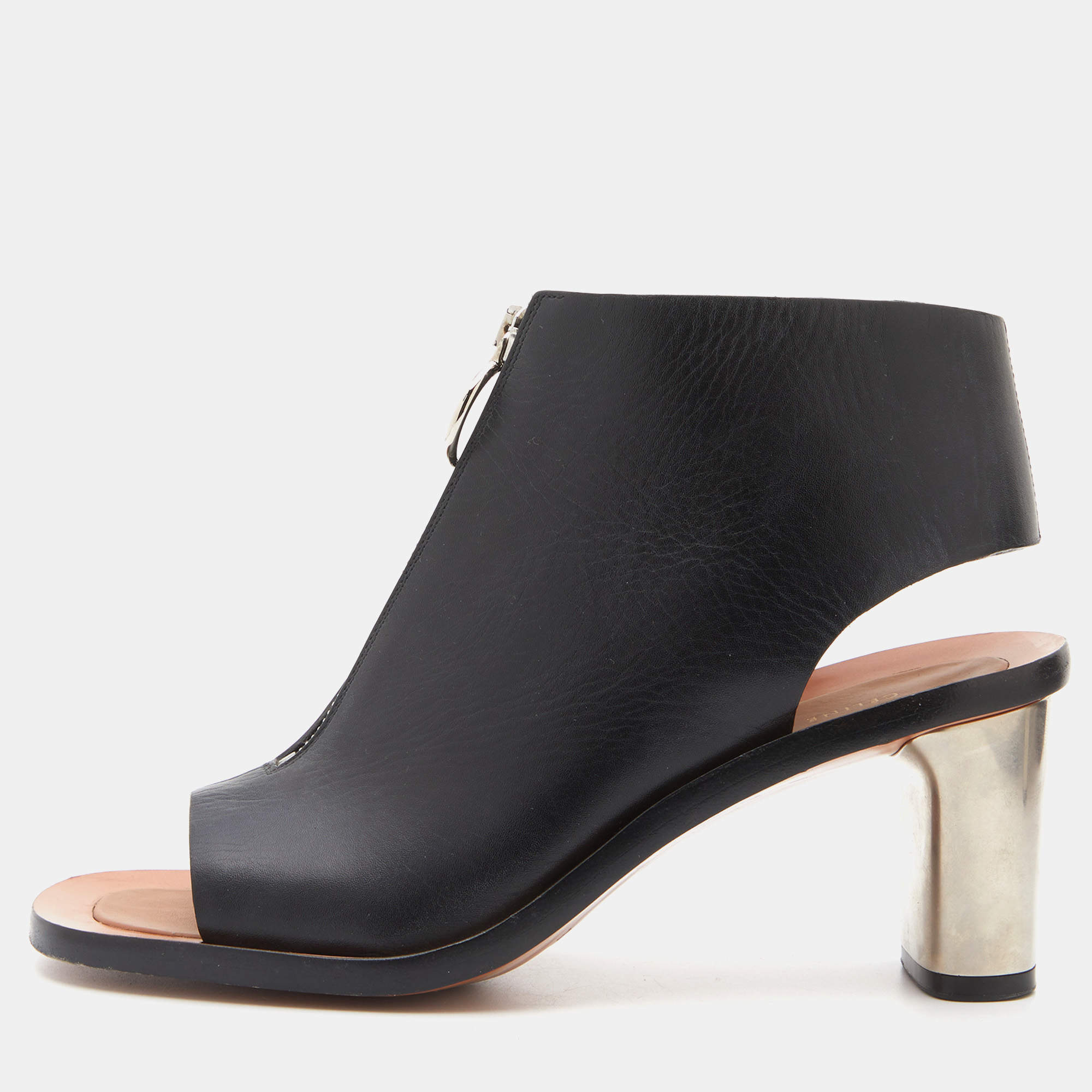 Pre Owned Celine Black Leather Zip Up Open Toe Booties Size 37