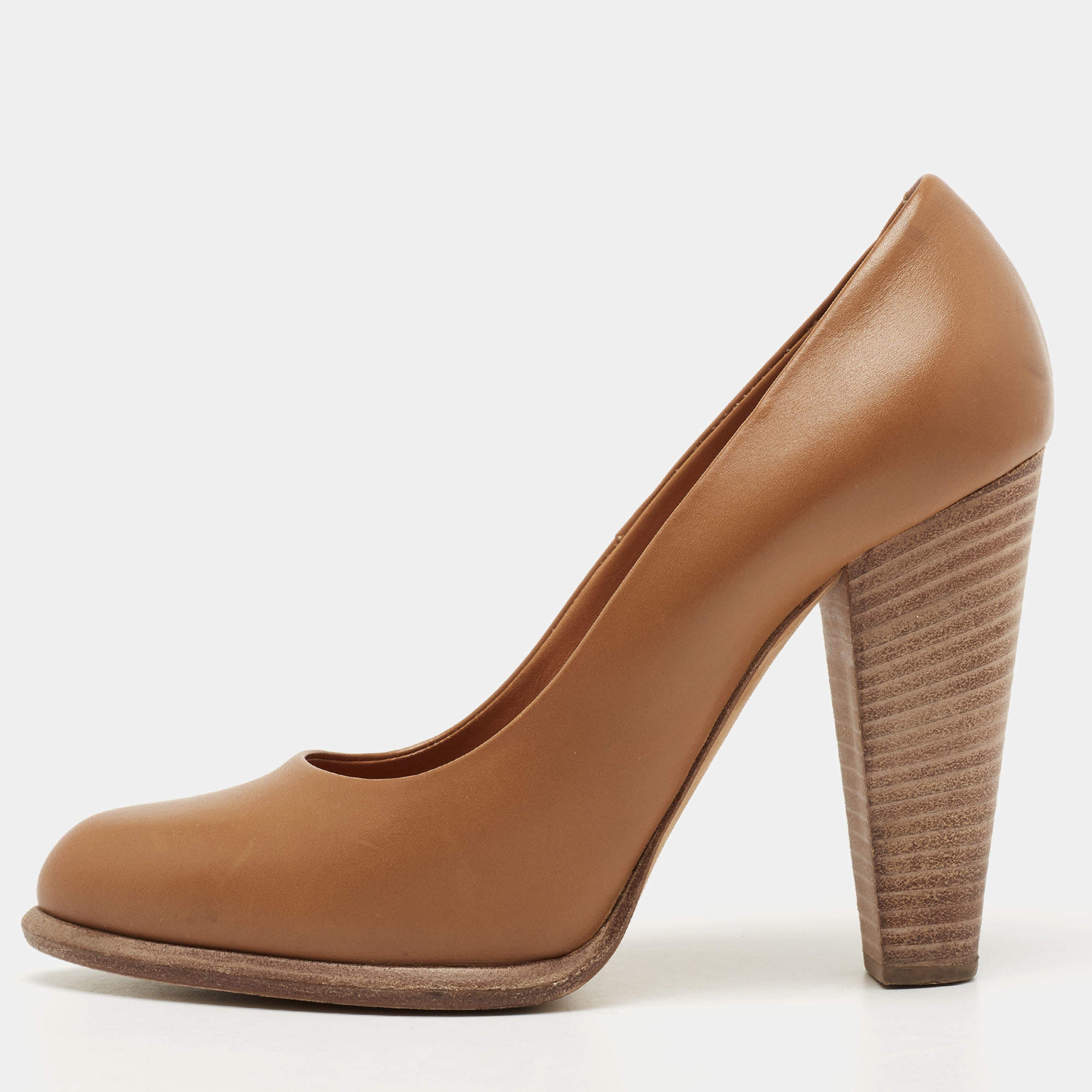 Pre Owned Celine Brown Leather Block Heel Pumps Size 37.5