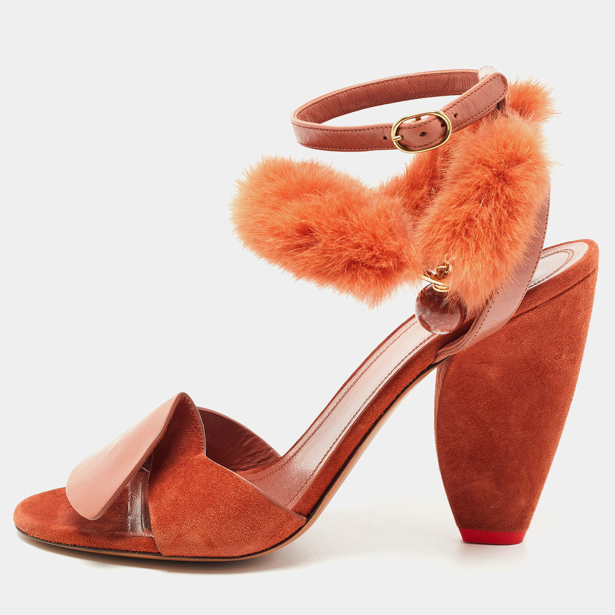 Pre Owned Cèline Orange Leather and Mink Fur Bracelet Peep Toe Sandals Size 38.5