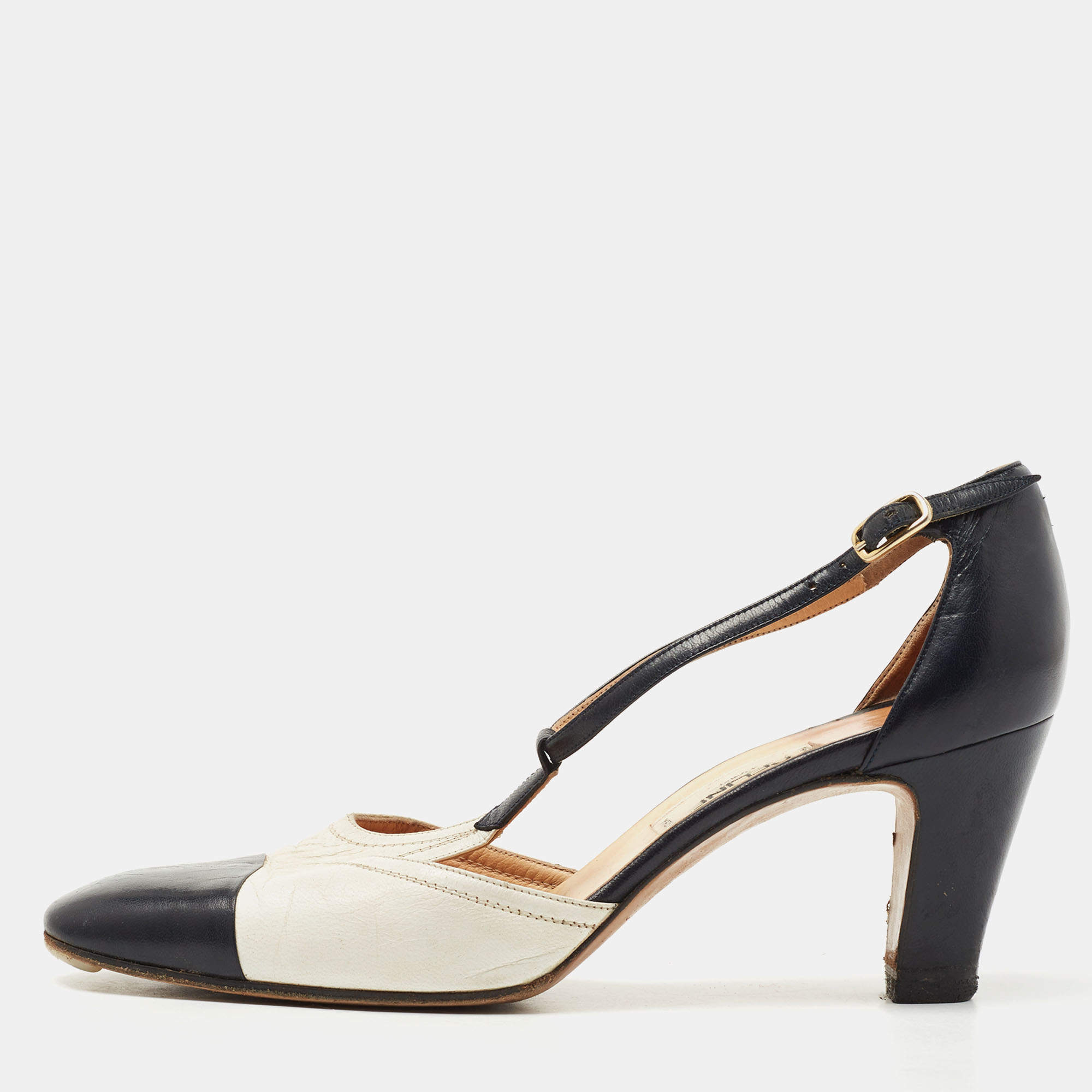 Pre Owned Celine Navy Blue/White Leather T-Strap Pumps Size 35.5