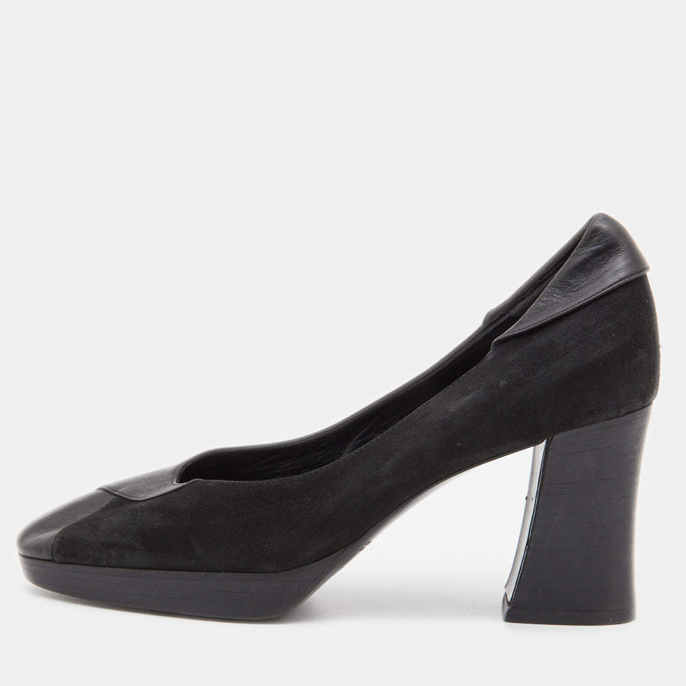 Celine Black Leather and Suede Block Heel Pumps Size 35.5