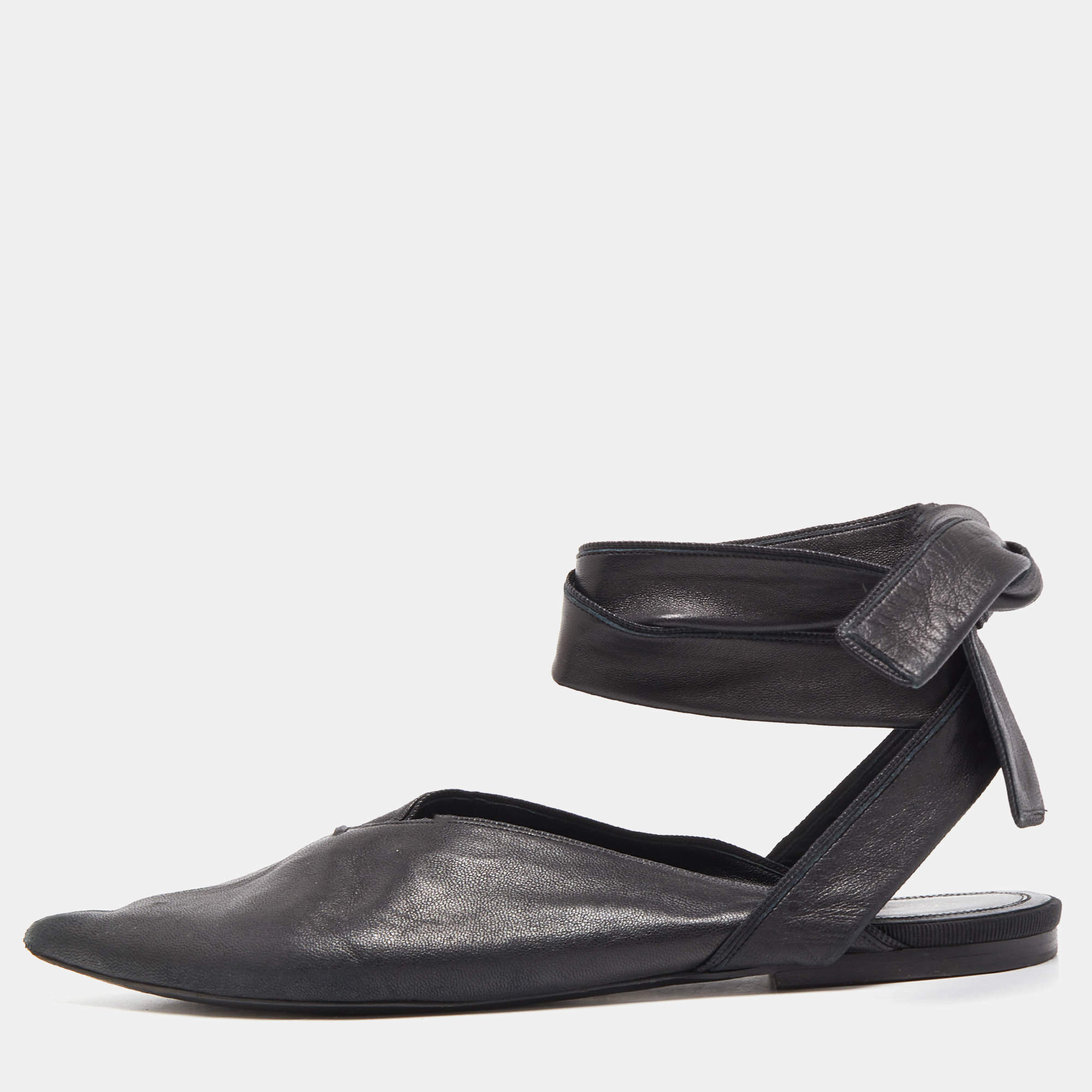 Celine Black Leather V Neck Ankle Tie Flat Size 38
