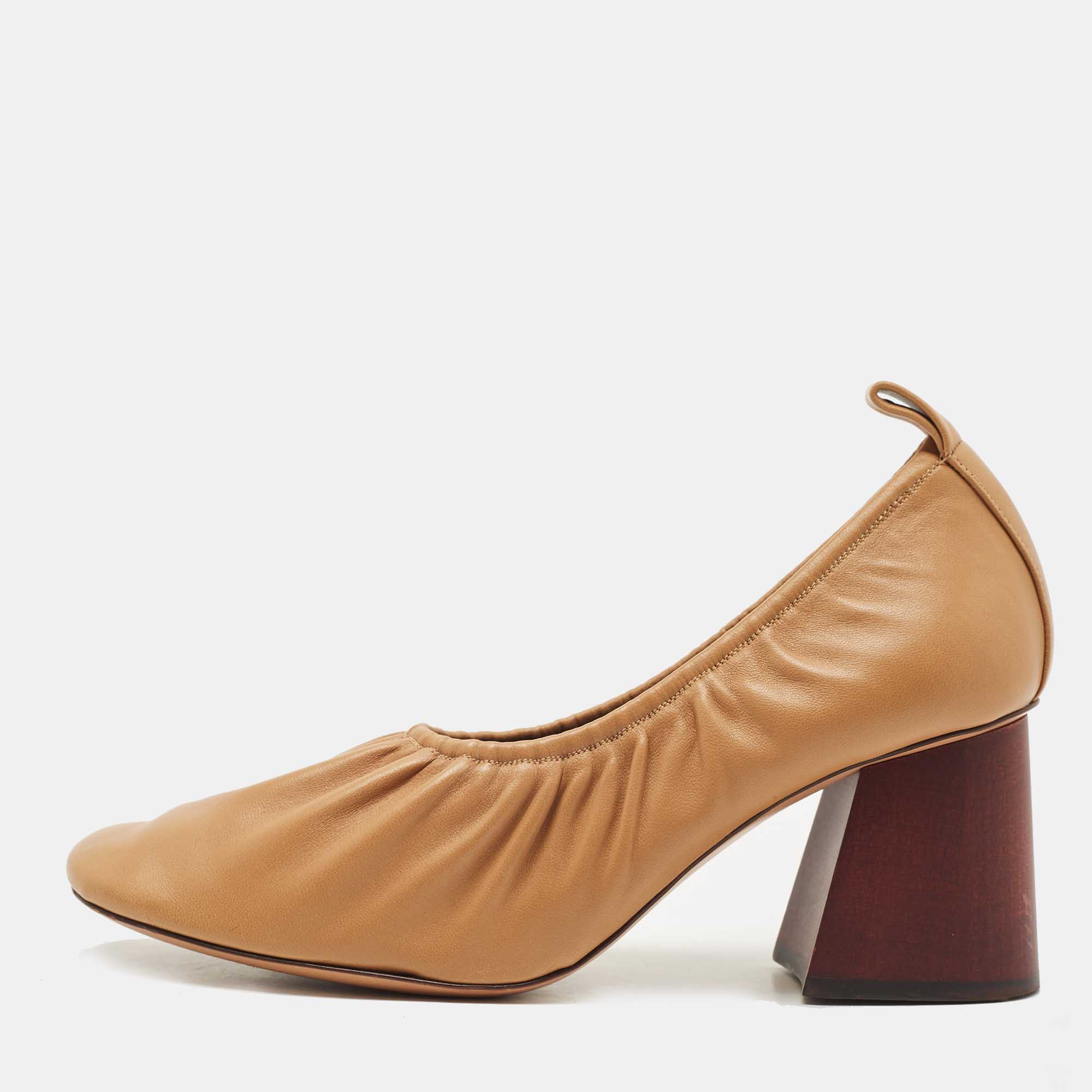 Pre Owned Celine Brown Leather Scrunch Block Heel Pumps Size 37.5