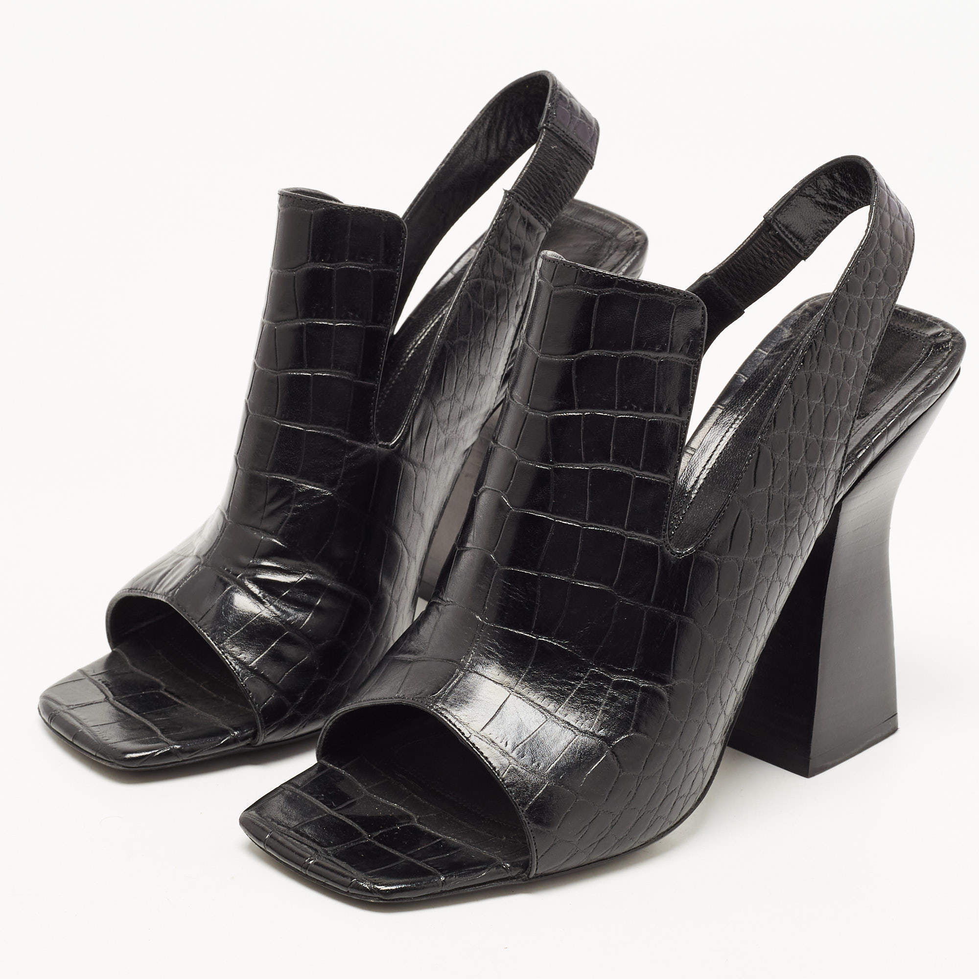 Celine Black Croc Embossed Leather Slingback Open Toe Sandals