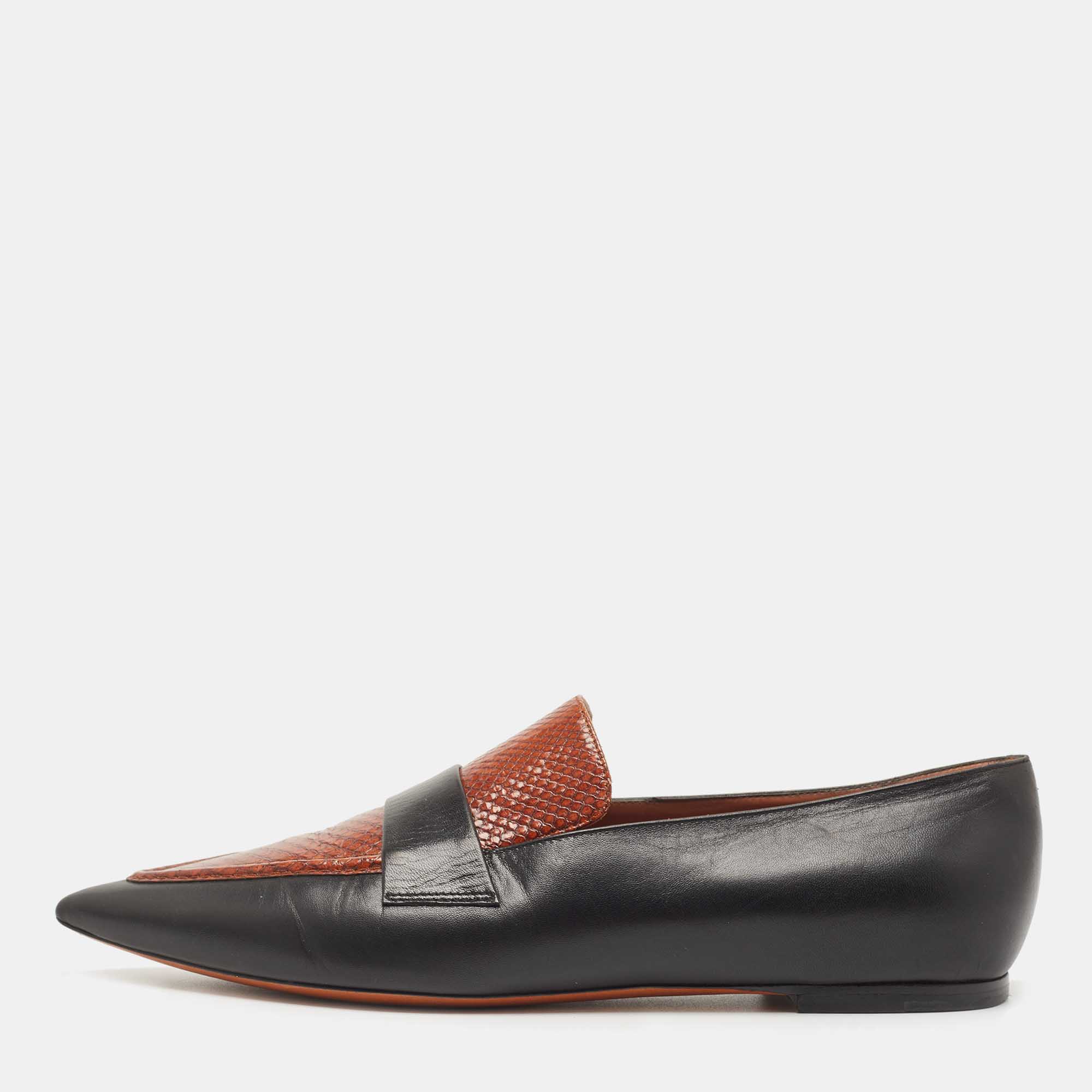 Pre Owned Celine Black/Brown Python Embossed And Leather Slip On Loafers Size 39