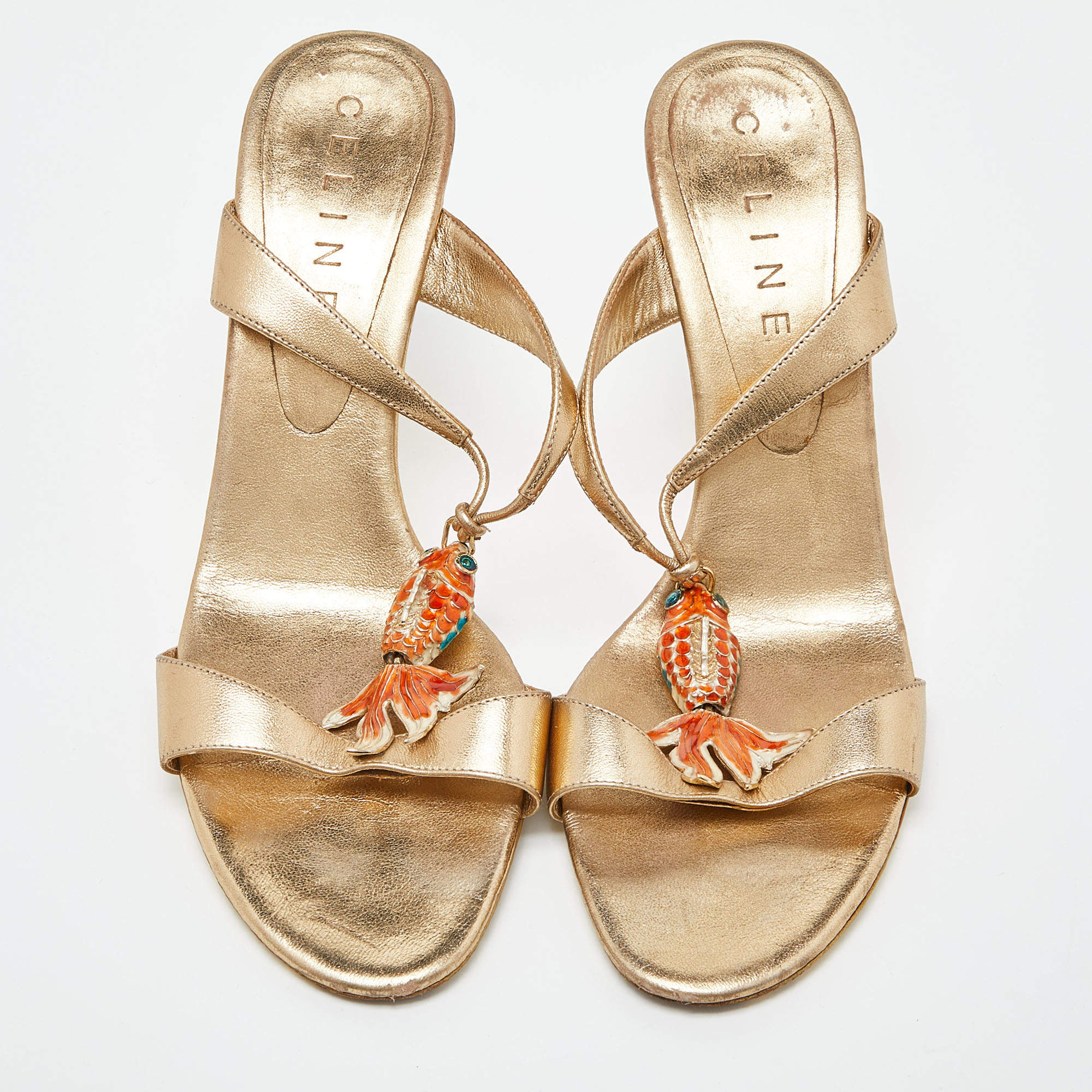 Celine Metallic Gold Leather Koi Fish Embellished Slide Sandals