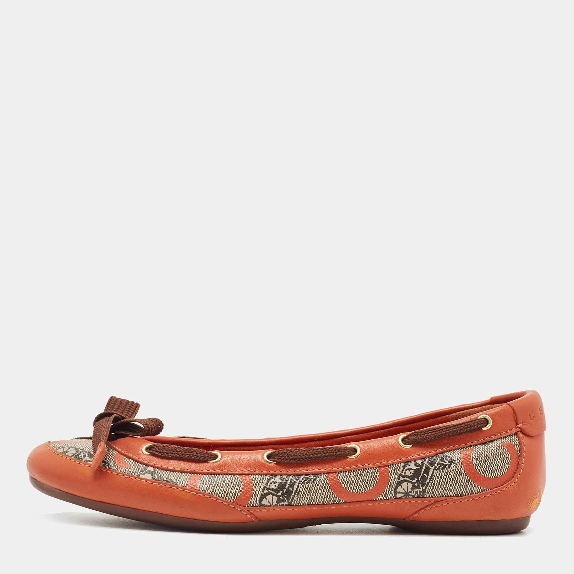 Pre Owned Celine Orange Leather and Canvas Ballet Flats Size 37