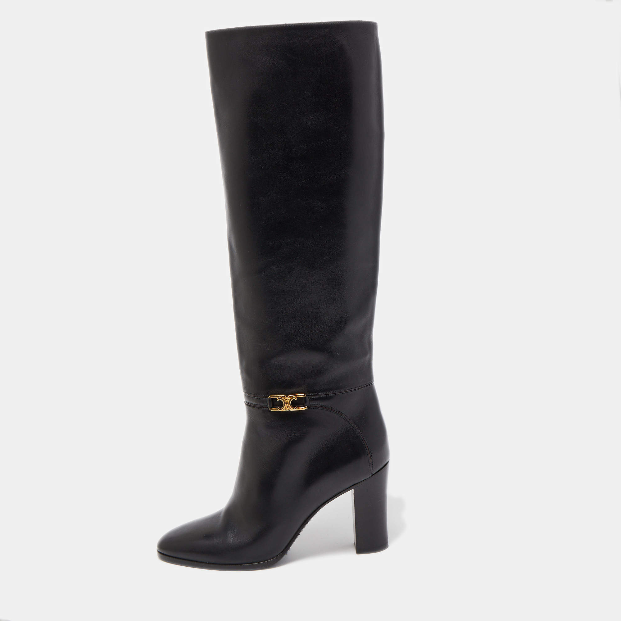 Pre Owned Celine Black Leather Knee Length Boots Size 37