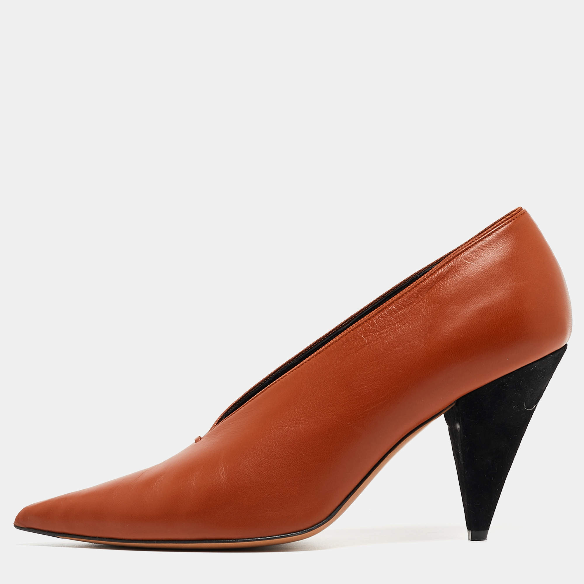 Pre Owned Celine Brown Leather V Neck Pointed Toe Pumps Size 39