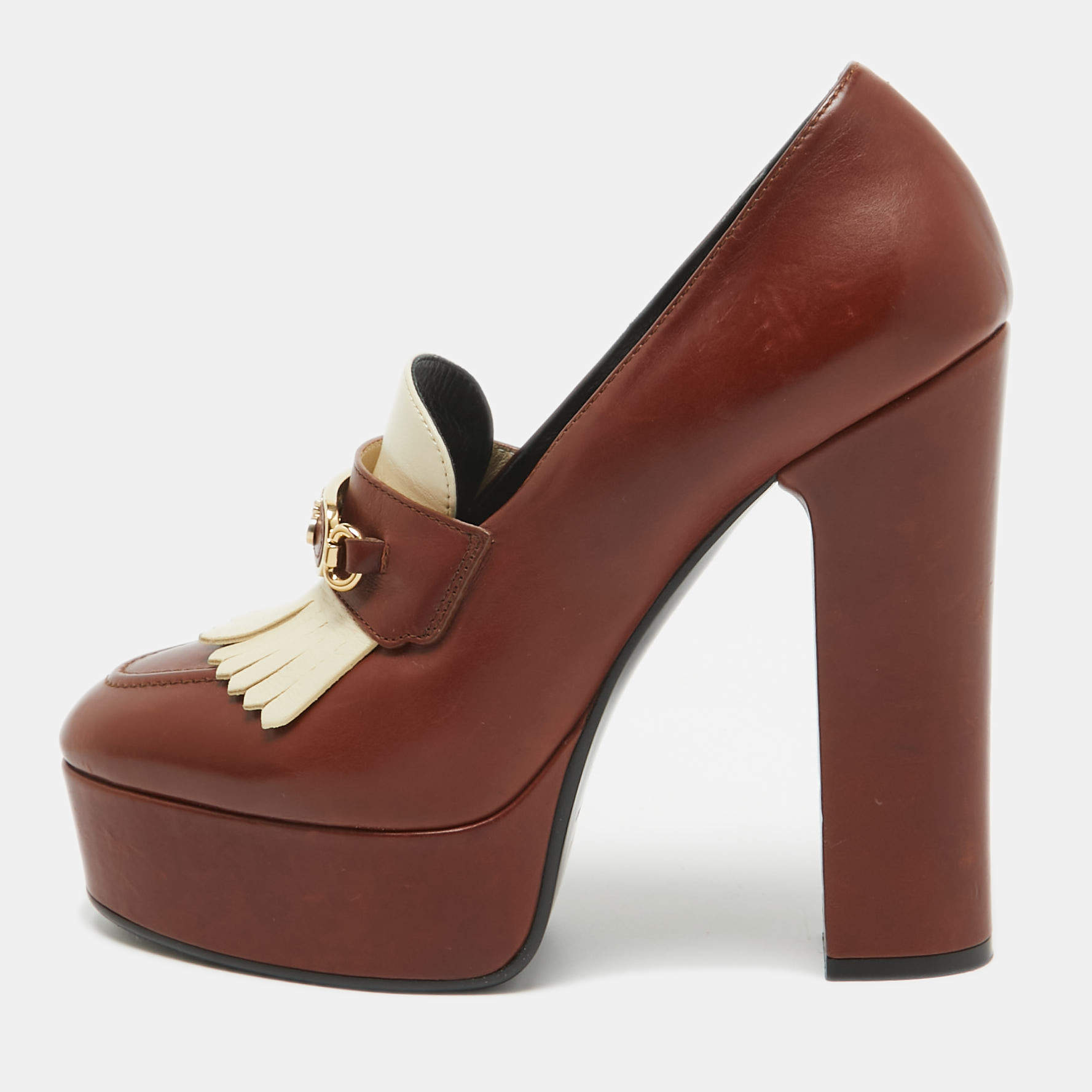 Pre Owned Celine Brown/White Leather Tassel Detail Platform Loafer Pumps Size 38