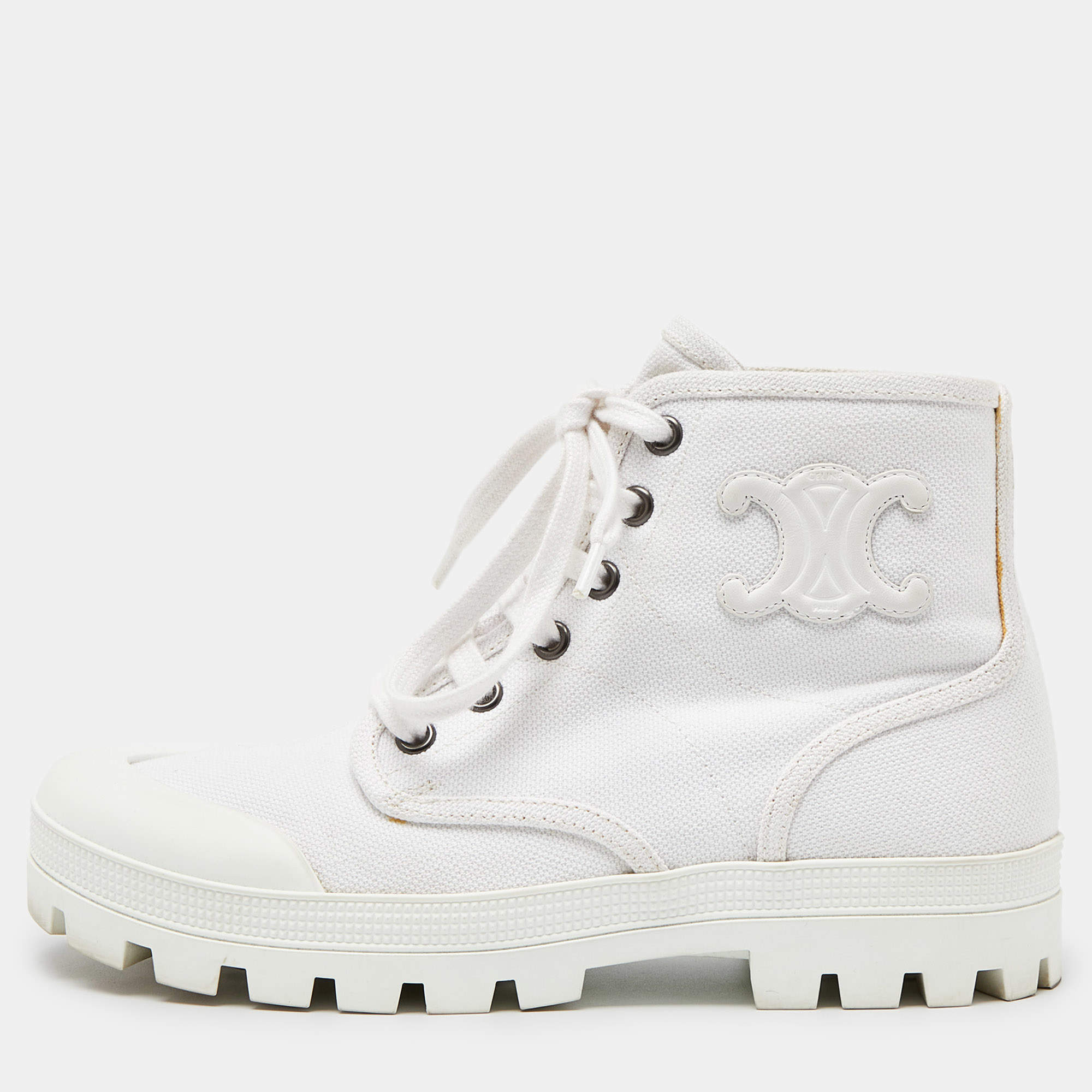 Pre Owned Celine White Canvas Combat Boots Size 36