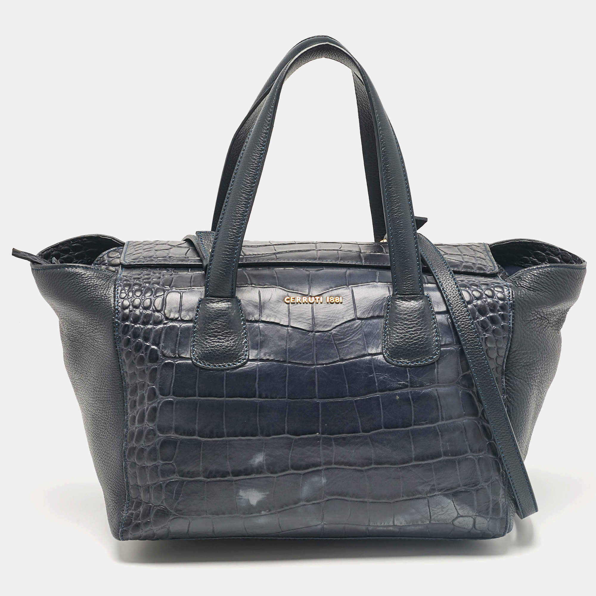 Cerruti 1881 Navy Blue Croc Embossed Faux Leather Shopper Tote