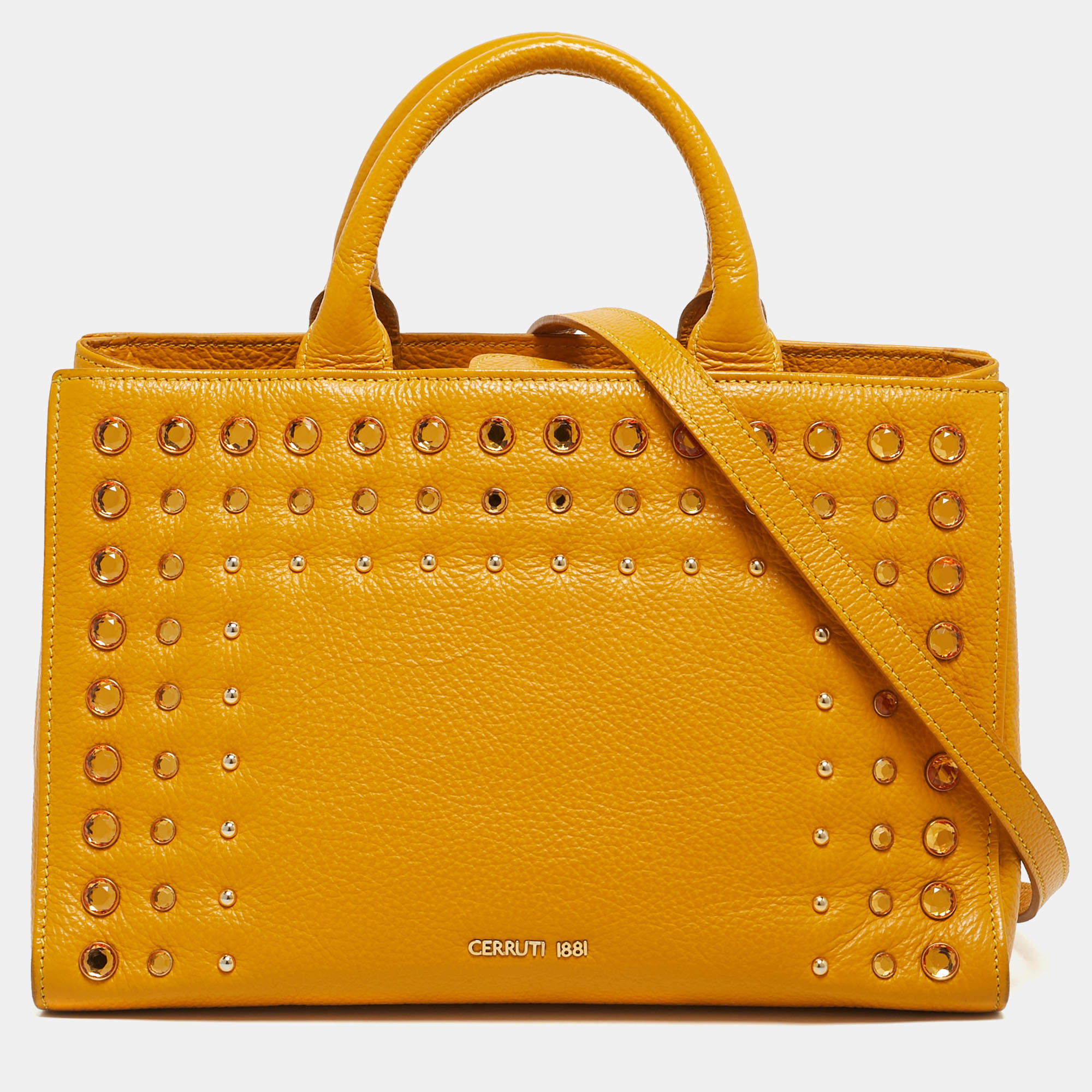 Pre Owned Cerruti 1881 Yellow Leather Crystal Studded Tote