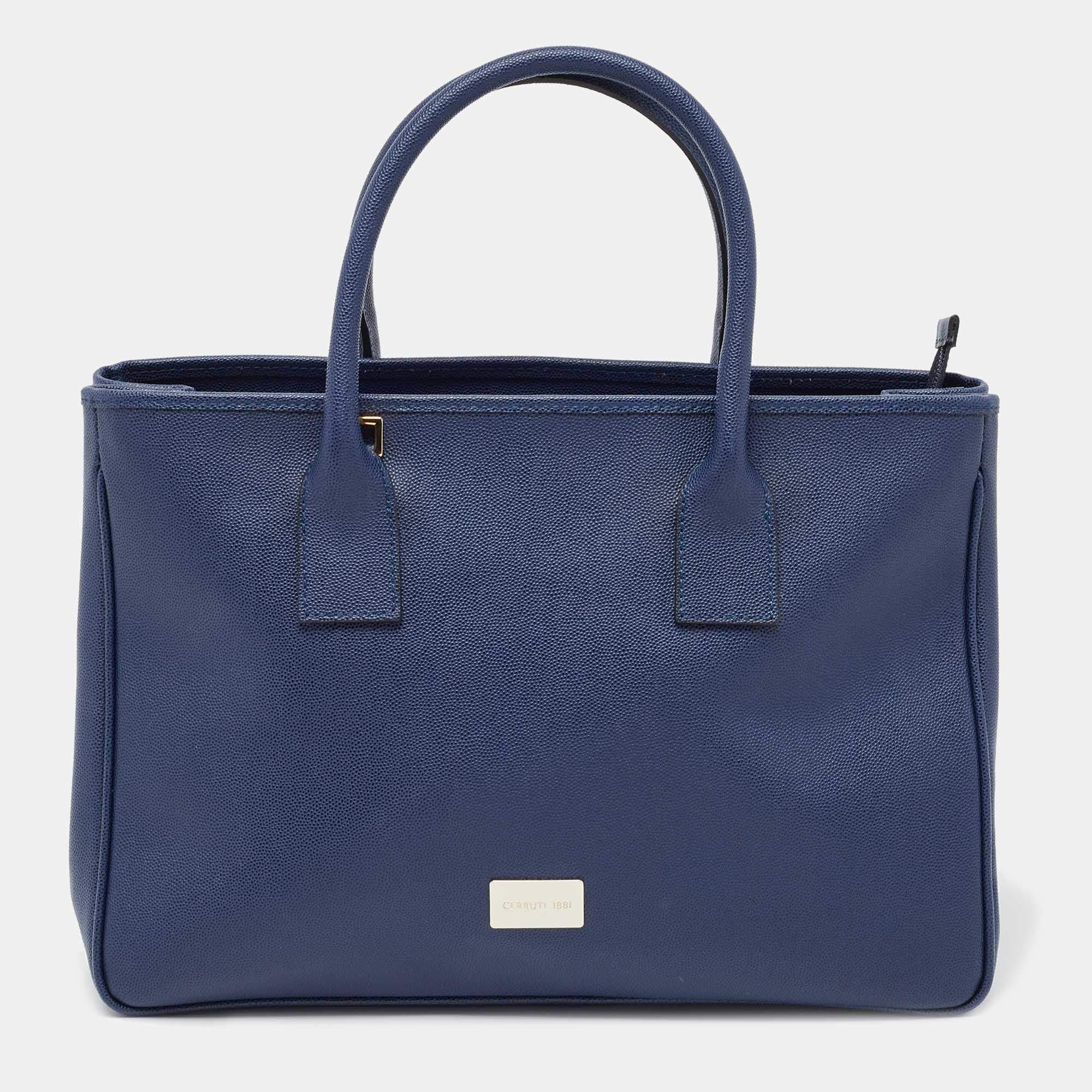 Pre Owned Cerruti Navy Blue Leather Top Zip Tote