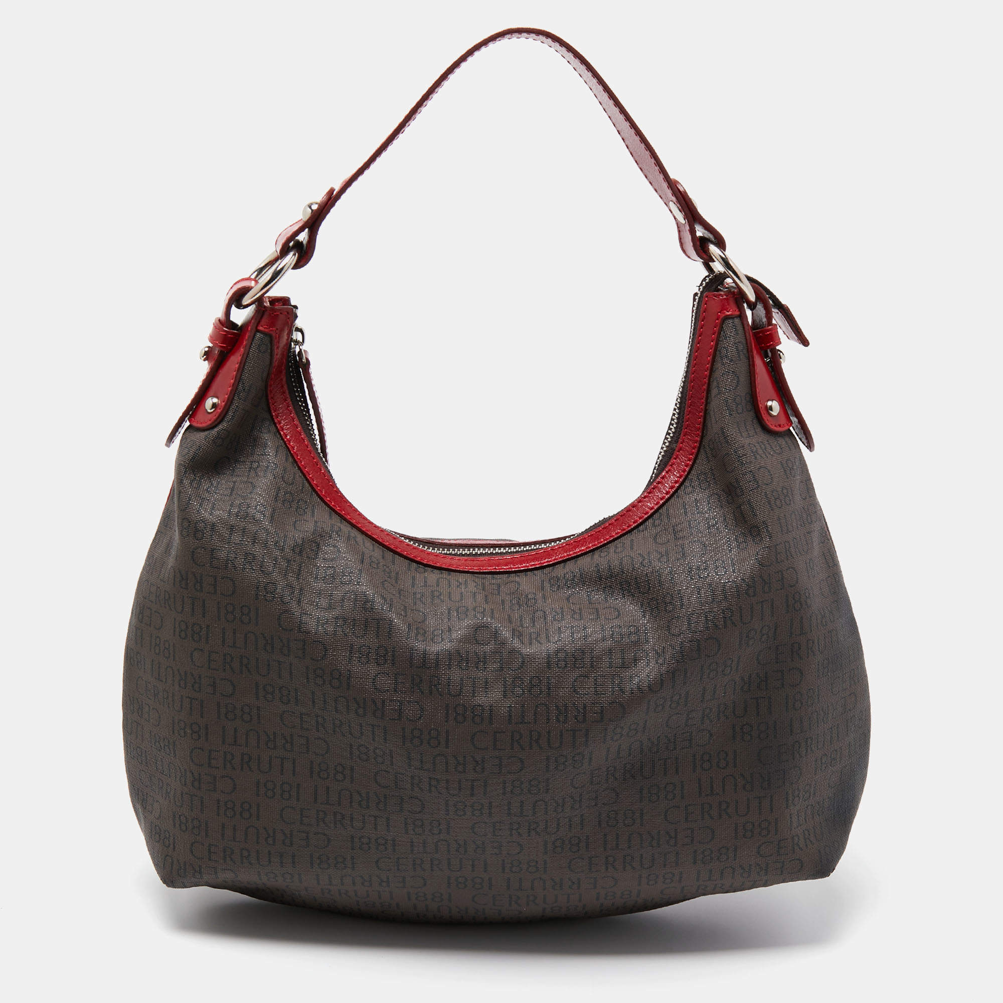 Cerruti Dark Brown/Red Monogram Coated Canvas and Leather Hobo