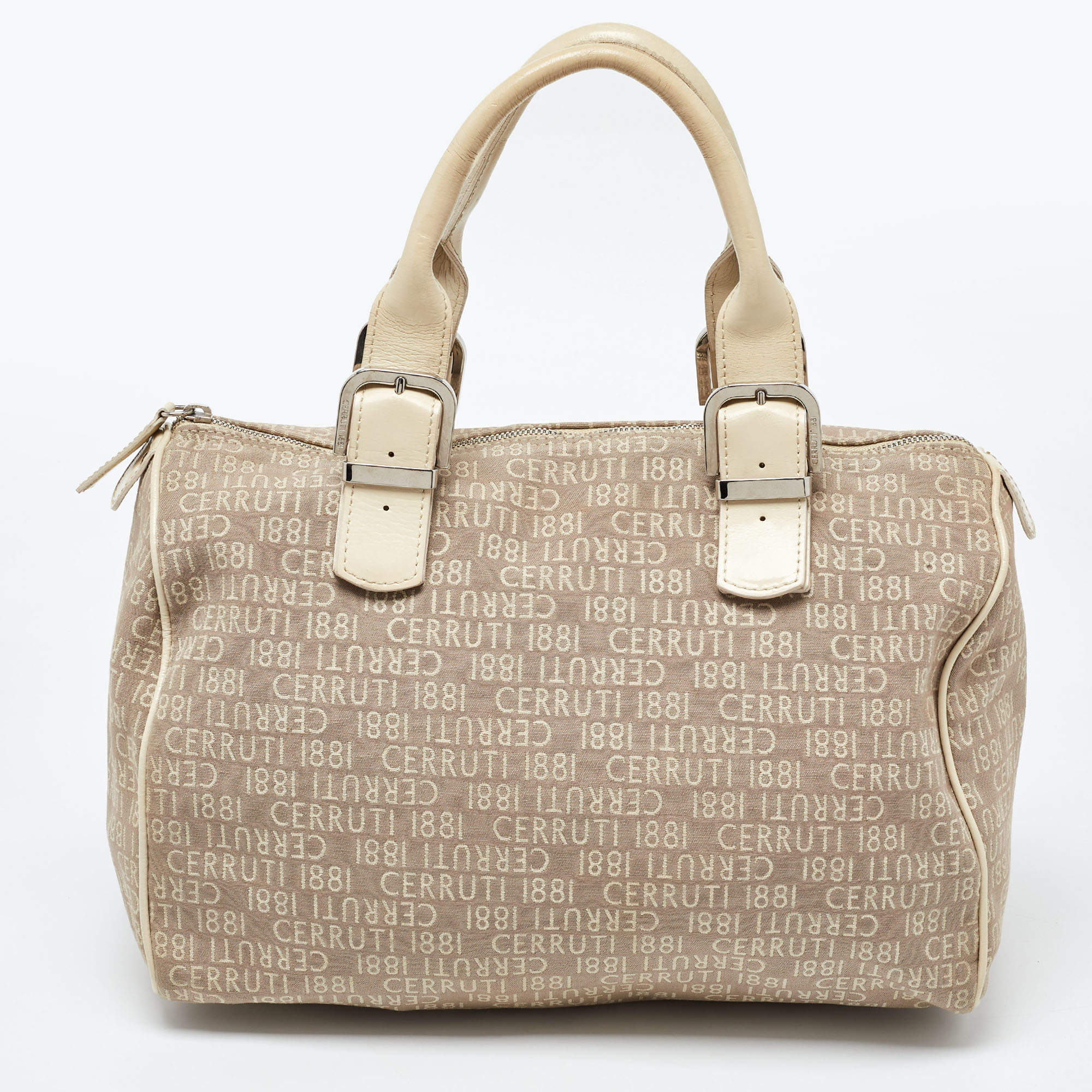 Cerruti Beige Signature Canvas and Patent Leather Boston Bag