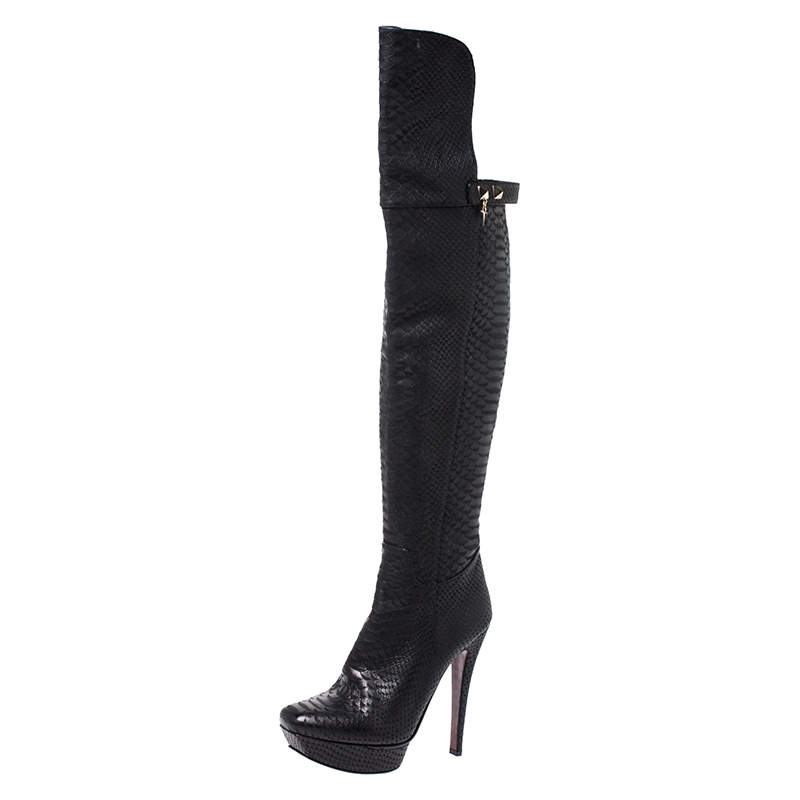 Cesare Paciotti Black Python Embossed Leather Over The Knee Boots Size 39