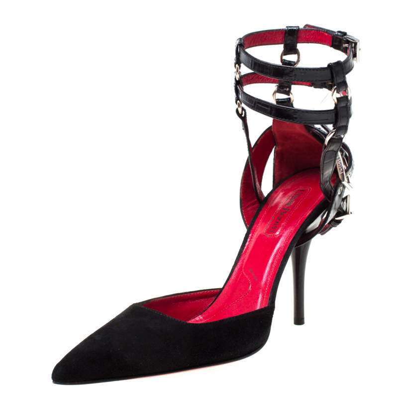 Cesare Paciotti Black Suede And Leather Ankle Strap Pointed Toe Sandals Size 38