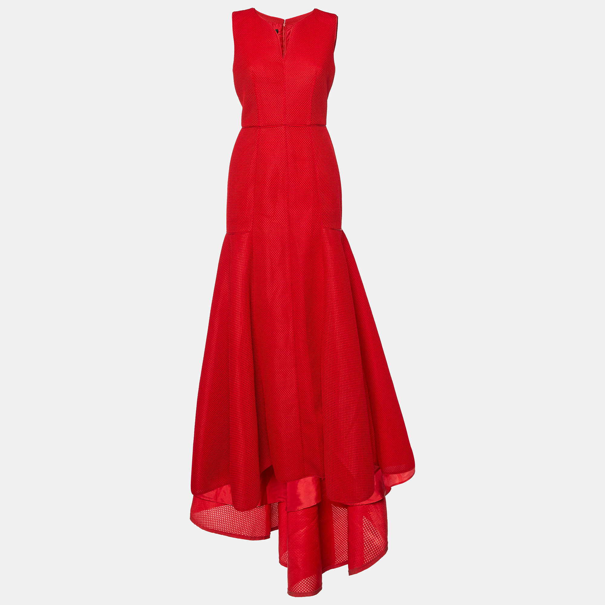 CH Carolina Herrera Red Tricot Mesh Sleeveless Gown M