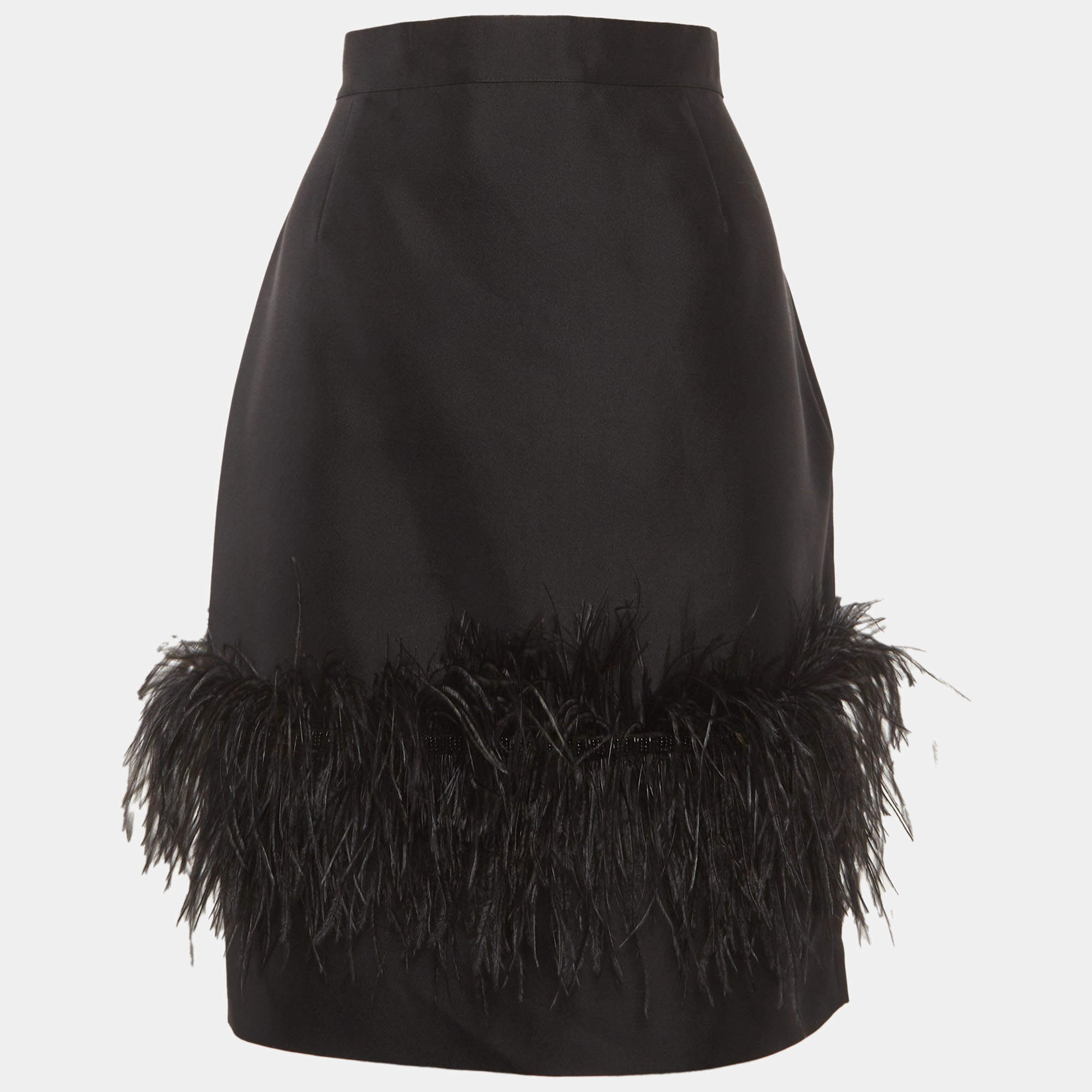 مملوكة مسبقًا تنورة سي إتش كارولينا هيريرا بقصة قلم من الجبردين بحواف ريش سوداء مقاس متوسط