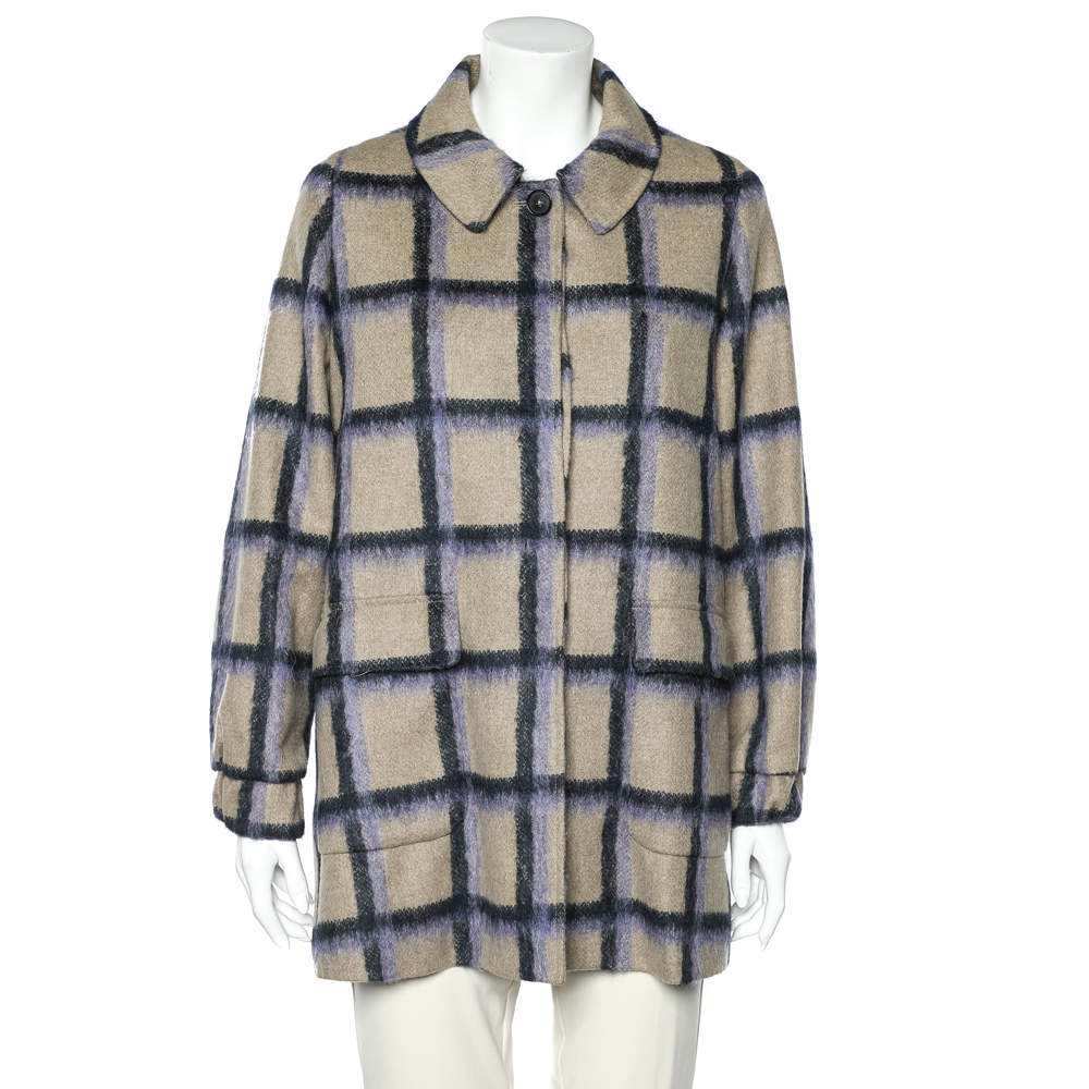 Pre Owned CH Carolina Herrera Beige Alpaca Trim Windowpane Check Coat M