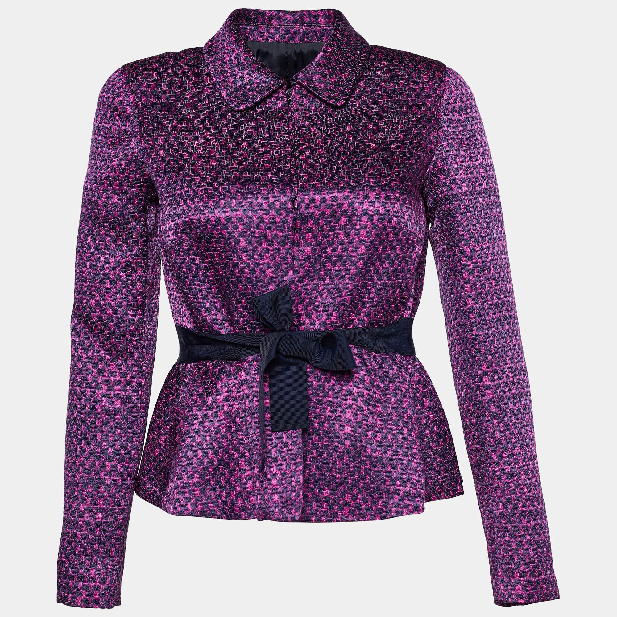 CH Carolina Herrera Purple Textured Cotton & Silk Belted Jacket S 