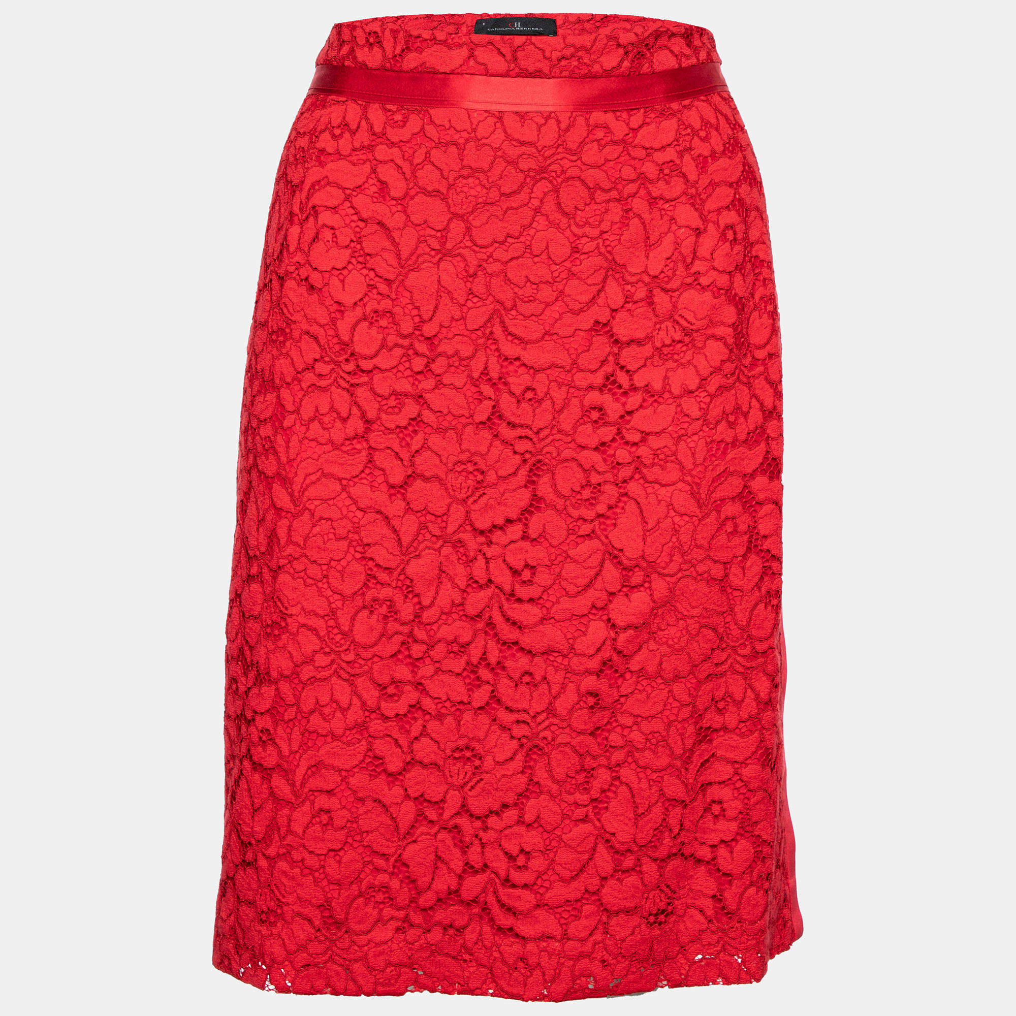 Pre Owned CH Carolina Herrera Red Lace Trim Detail Mini Skirt M