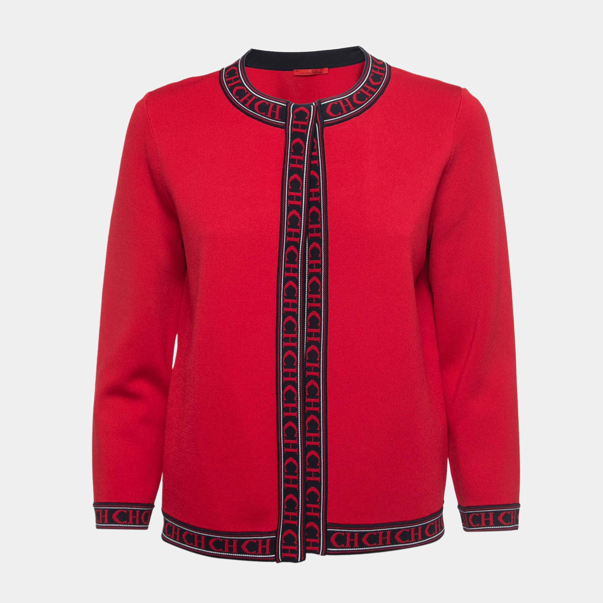 Pre Owned CH Carolina Herrera Red Knit Logo Tape Detailed Open Front Cardigan M