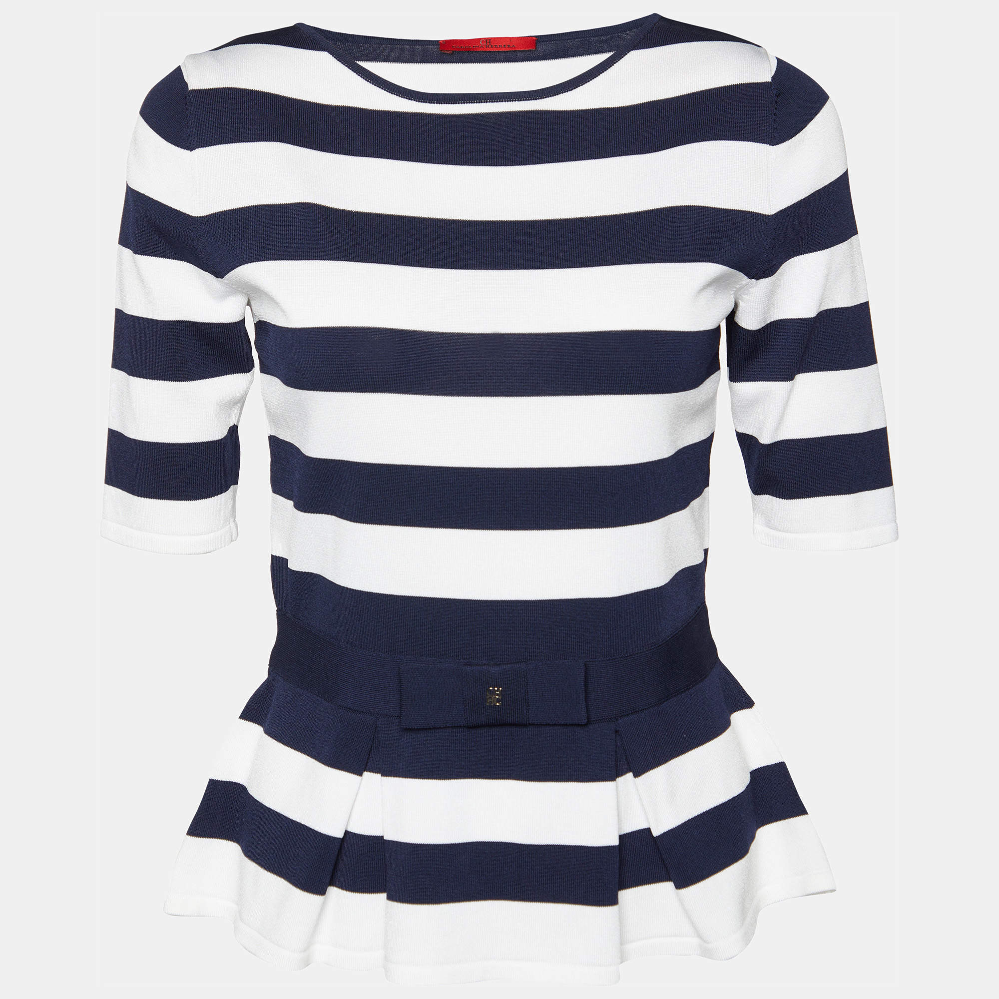 مملوكة مسبقًا CH Carolina Herrera Navy Blue/White Striped Knit Peplum Top S