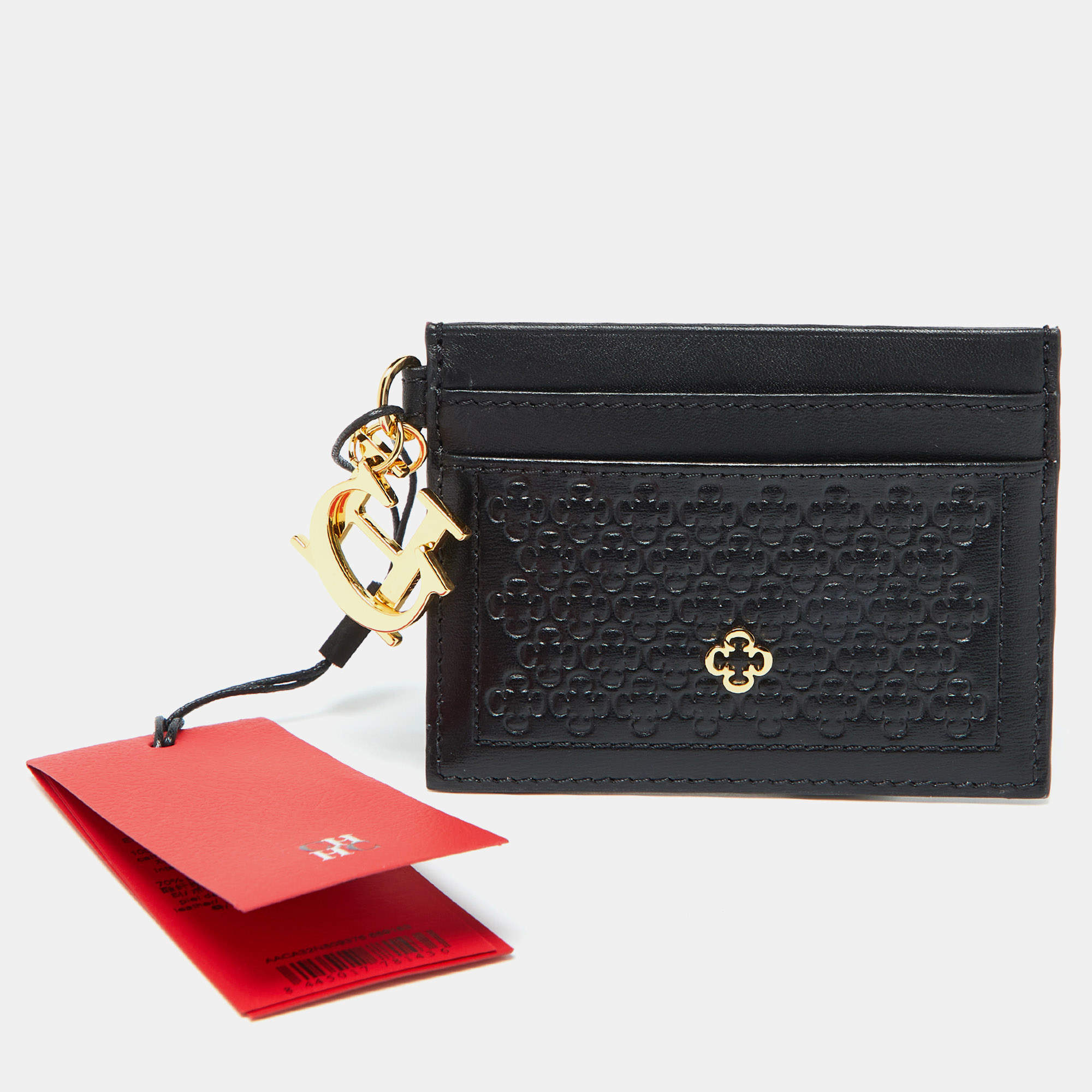 Pre Owned CH Carolina Herrera Black Monogram Embossed Leather Card Holder