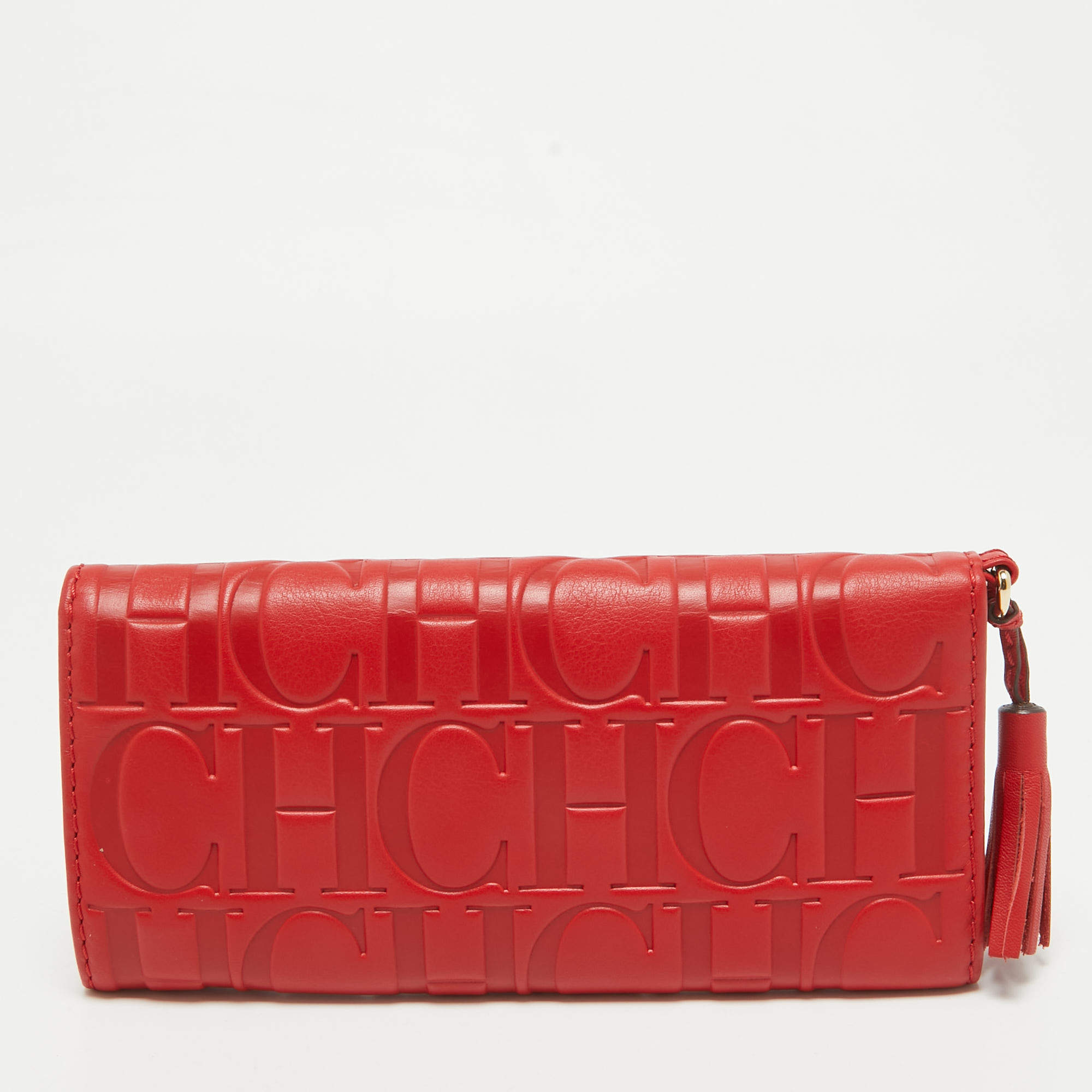 Pre Owned CH Carolina Herrera Red Monogram Embossed Leather Trifold Wallet