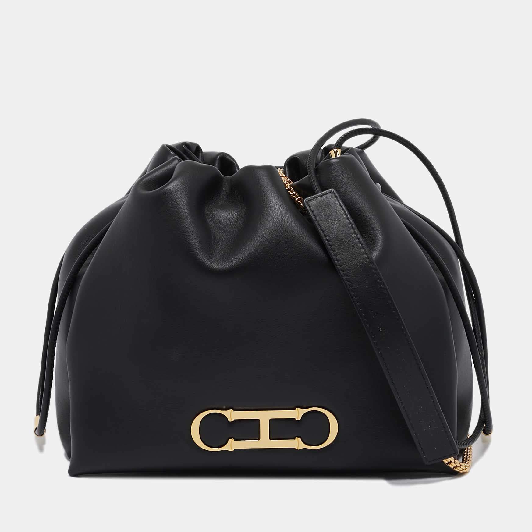 Pre Owned CH Carolina Herrera Black Leather Medium Initials Insignia Soft Bucket Bag 