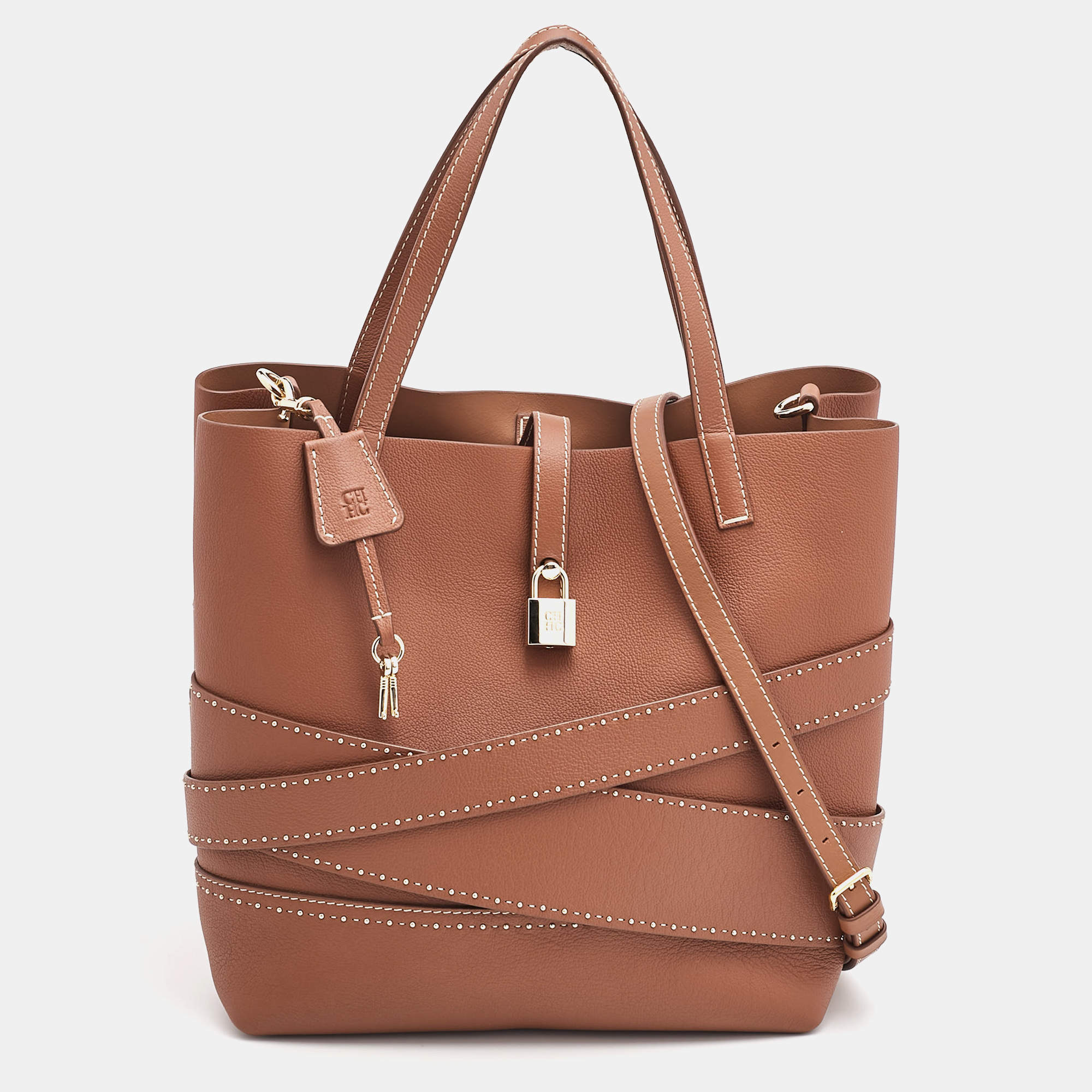 Pre Owned CH Carolina Herrera Brown Leather Medium Matryoshka Locked Shoulder Bag