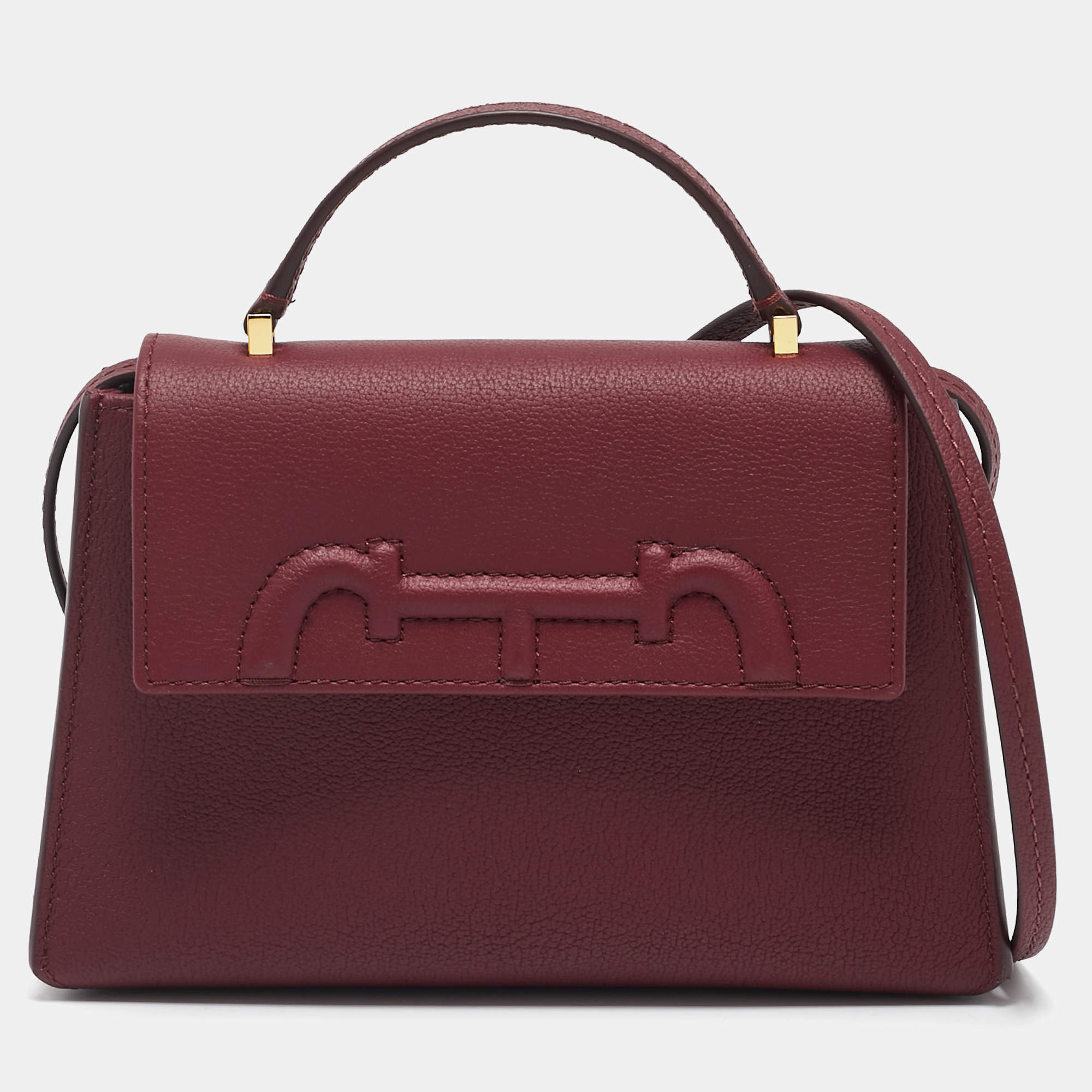 Pre Owned CH Carolina Herrera Burgundy Leather Mini Doma Insignia Satchel