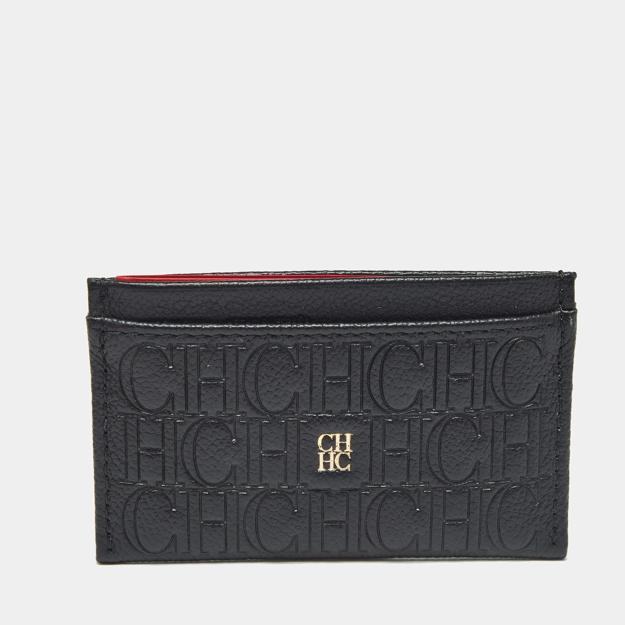 Pre Owned CH Carolina Herrera Black Monogram Leather Card Holder 