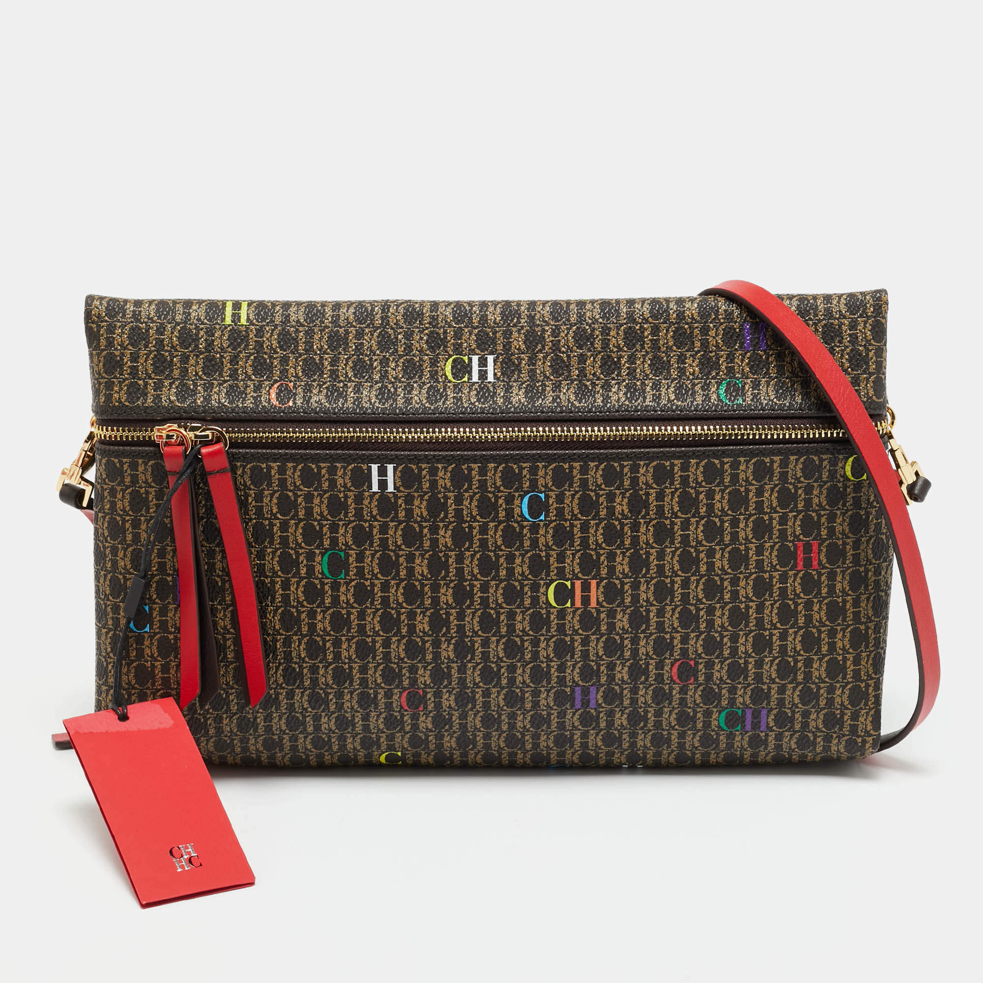 مملوكة مسبقًا CH Carolina Herrera Inro Dark Brown/Multicolor Signature Coated Canvas Crossbody Bag