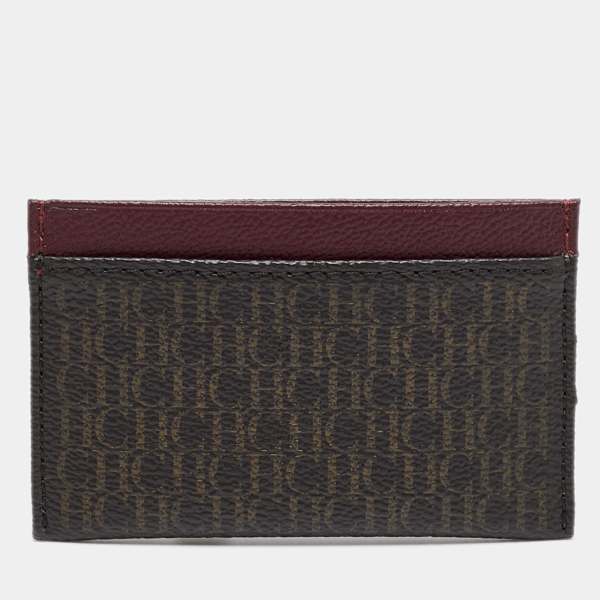 Pre Owned CH Carolina Herrera Brown/Burgundy Monogram Coated Canvas and Leather Card Holder
