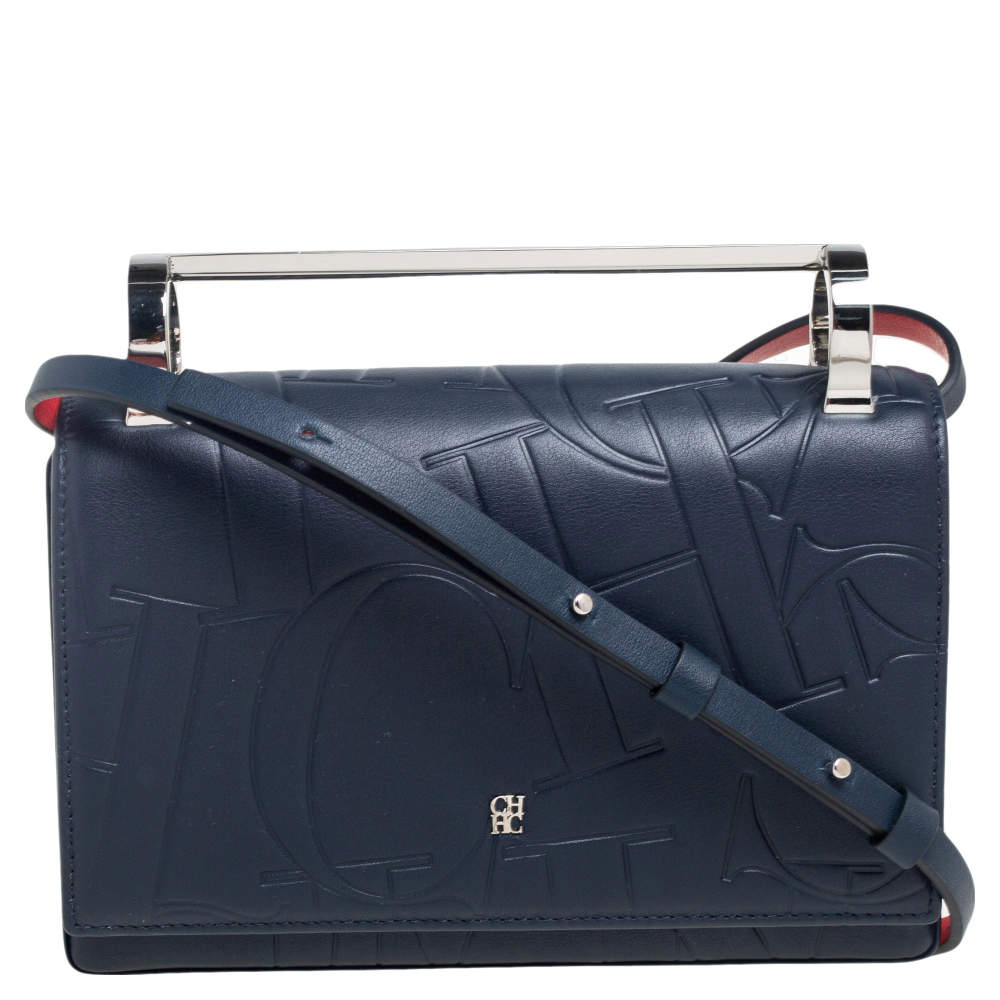 Pre Owned Carolina Herrera Navy Blue/Red Embossed Leather Insignia Flap Top Handle Bag