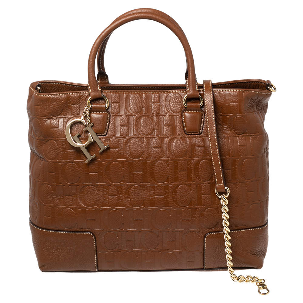 Pre Owned CH Carolina Herrera Brown Monogram Embossed Leather Charm Tote