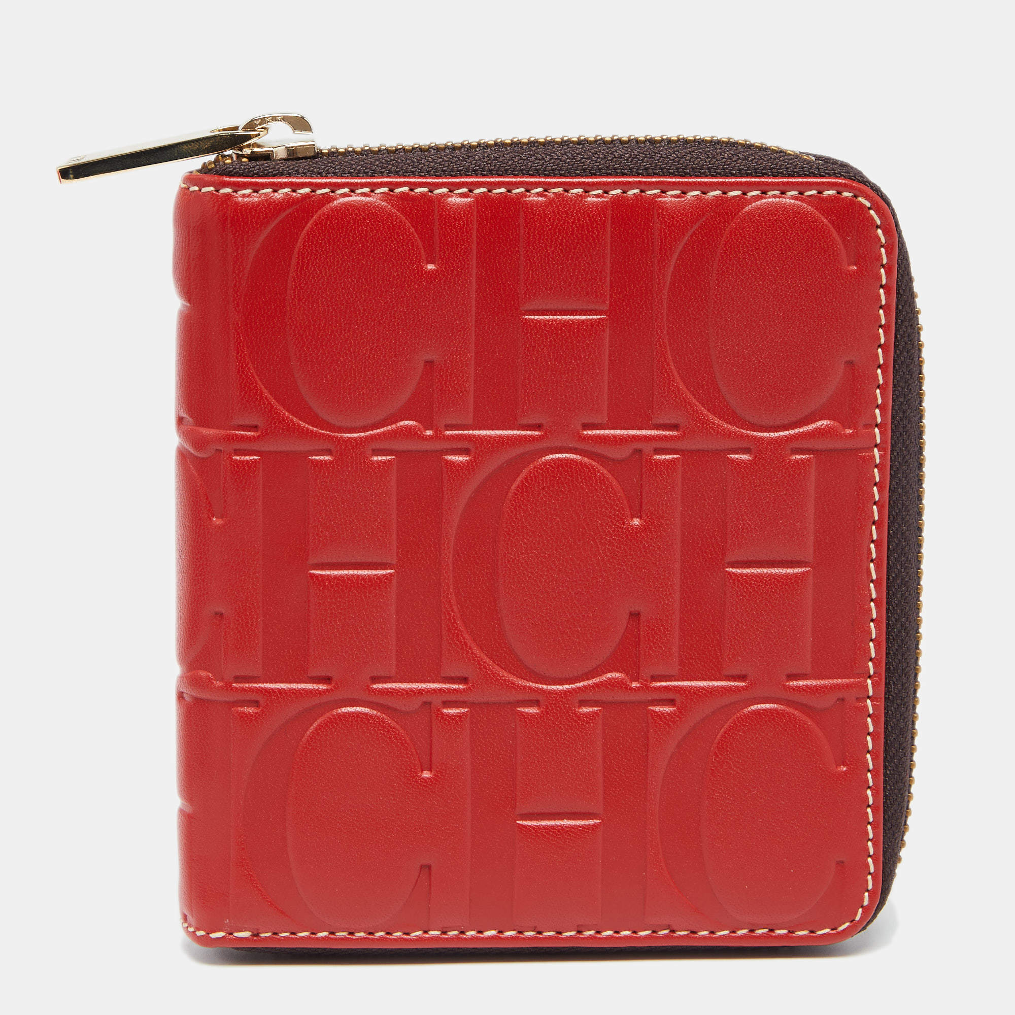 Pre Owned CH Carolina Herrera Red Monogram Leather Zip Around Wallet
