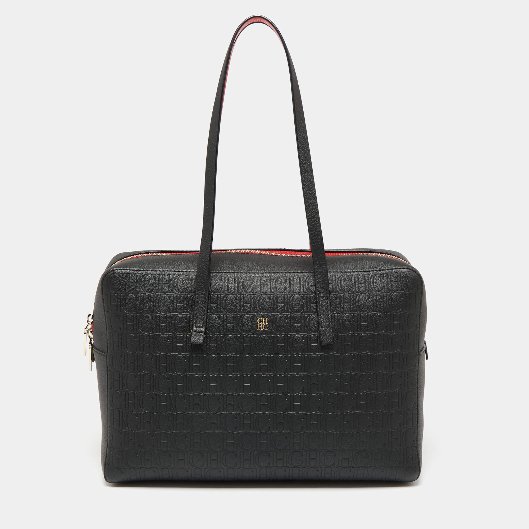 Pre Owned CH Carolina Herrera Black Monogram Embossed Leather Satchel 