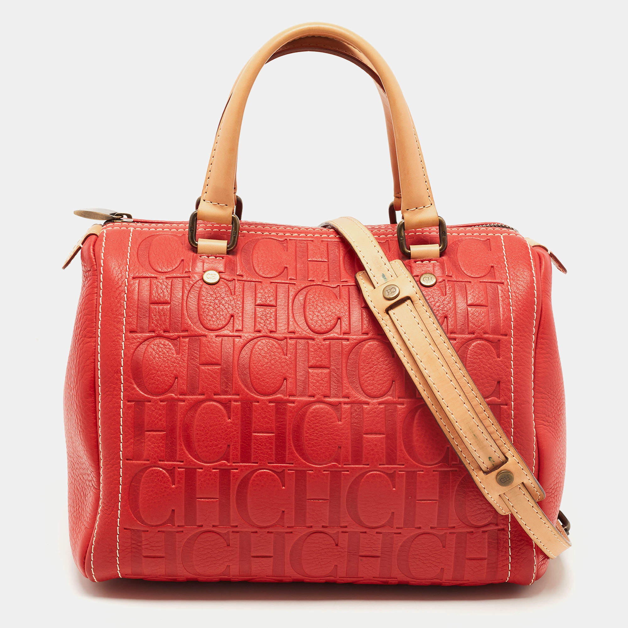 Pre Owned CH Carolina Herrera Red Monogram Leather Andy Boston Bag