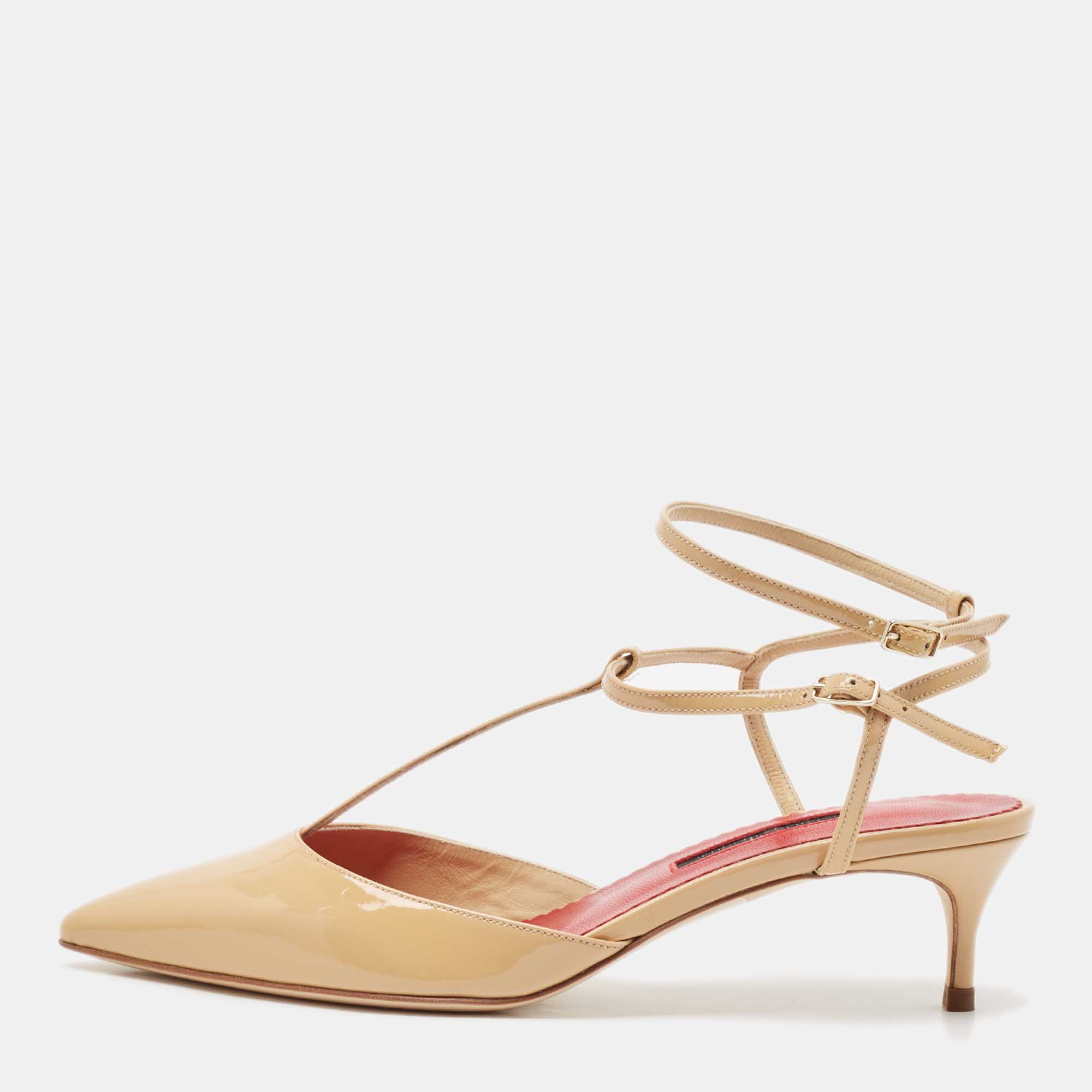 Pre Owned CH Carolina Herrera Beige Patent Leather Ankle Strap Pumps Size 38