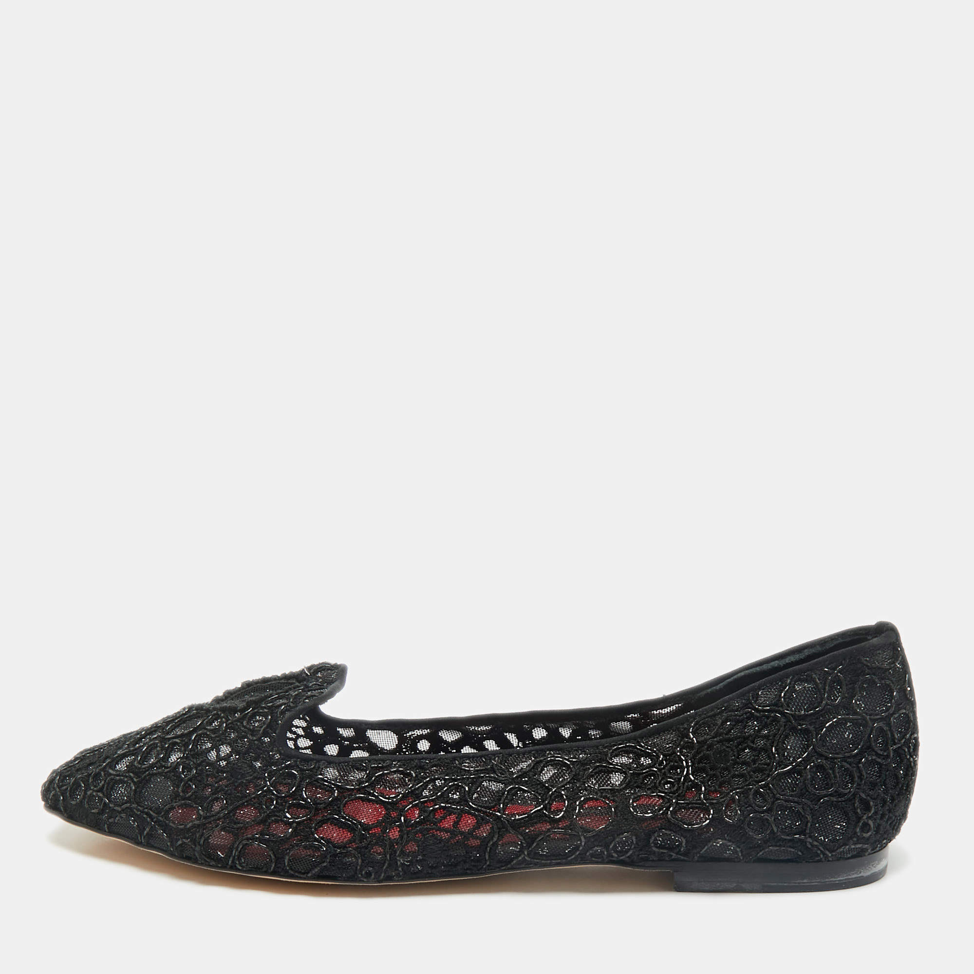 CH Carolina Herrera Black Lace Logo Ballet Flats Size 38