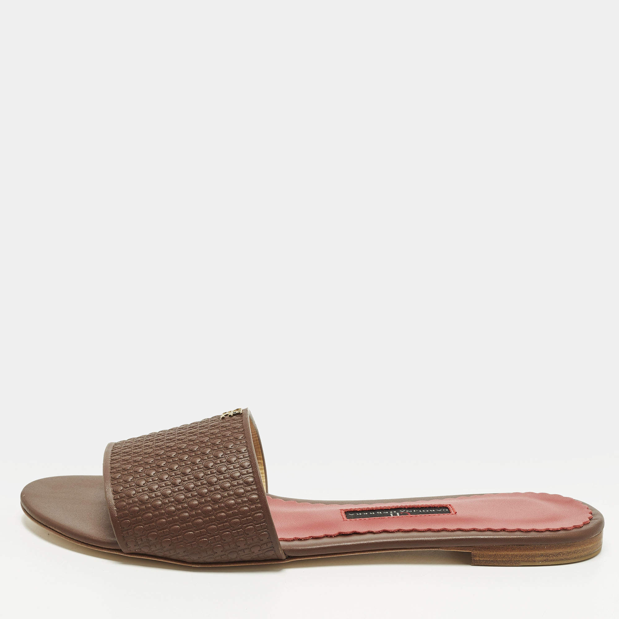 Pre Owned CH Carolina Herrera Size 38 Burgundy Monogram Embossed Leather Flat Slide Sandals