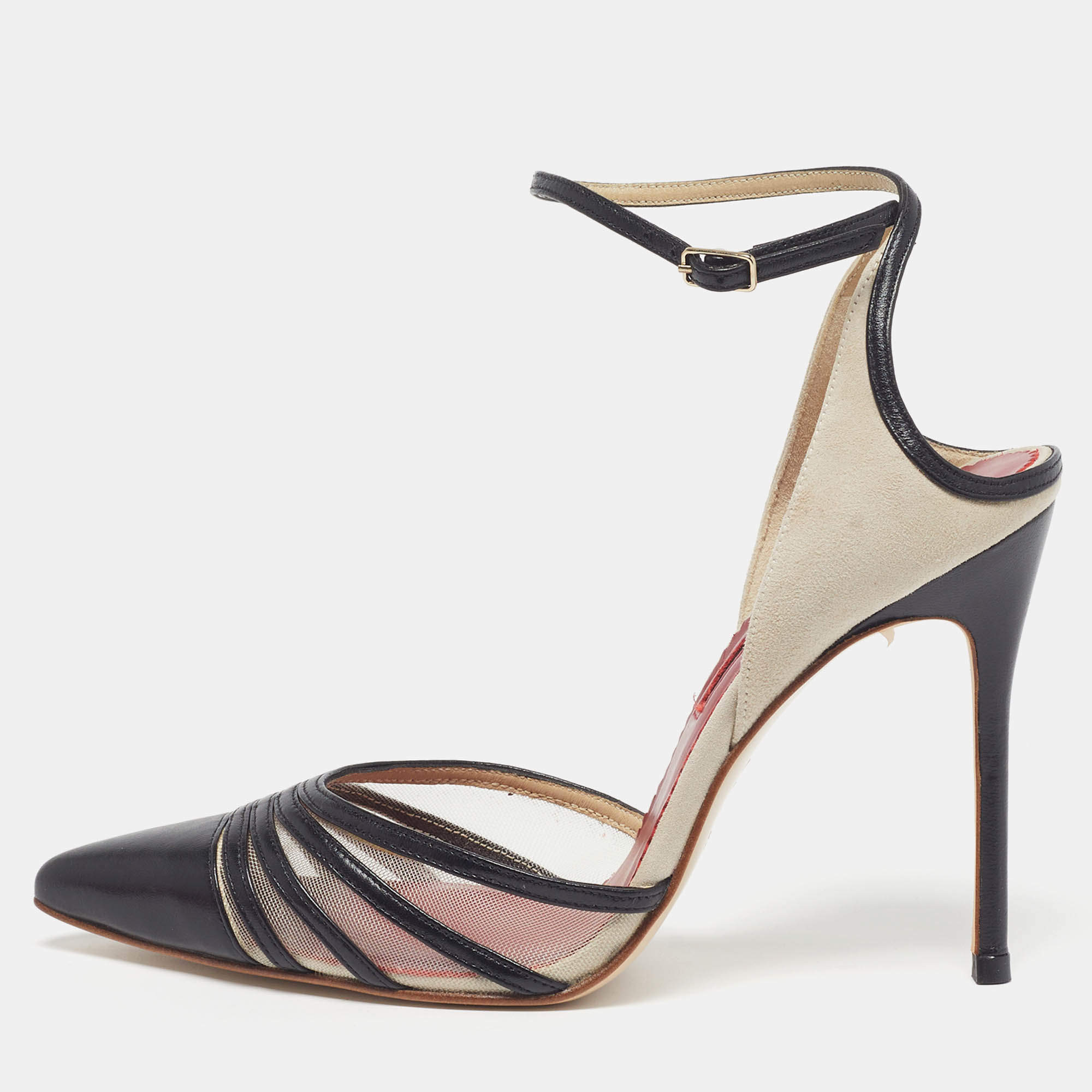 Pre Owned CH Carolina Herrera Size 38 Black Leather and Suede Ankle Strap Pumps