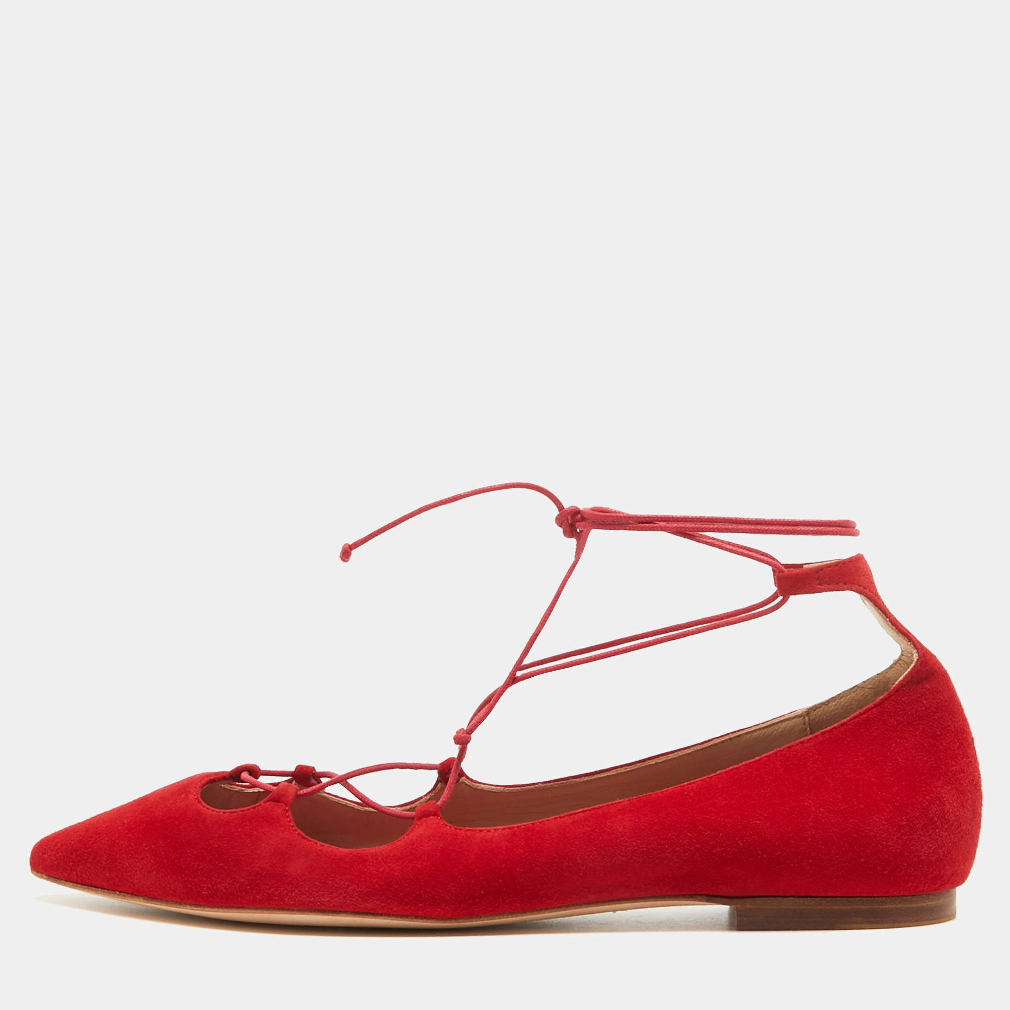 CH Carolina Herrera Red Suede Lace Up Ballet Flats Size 40