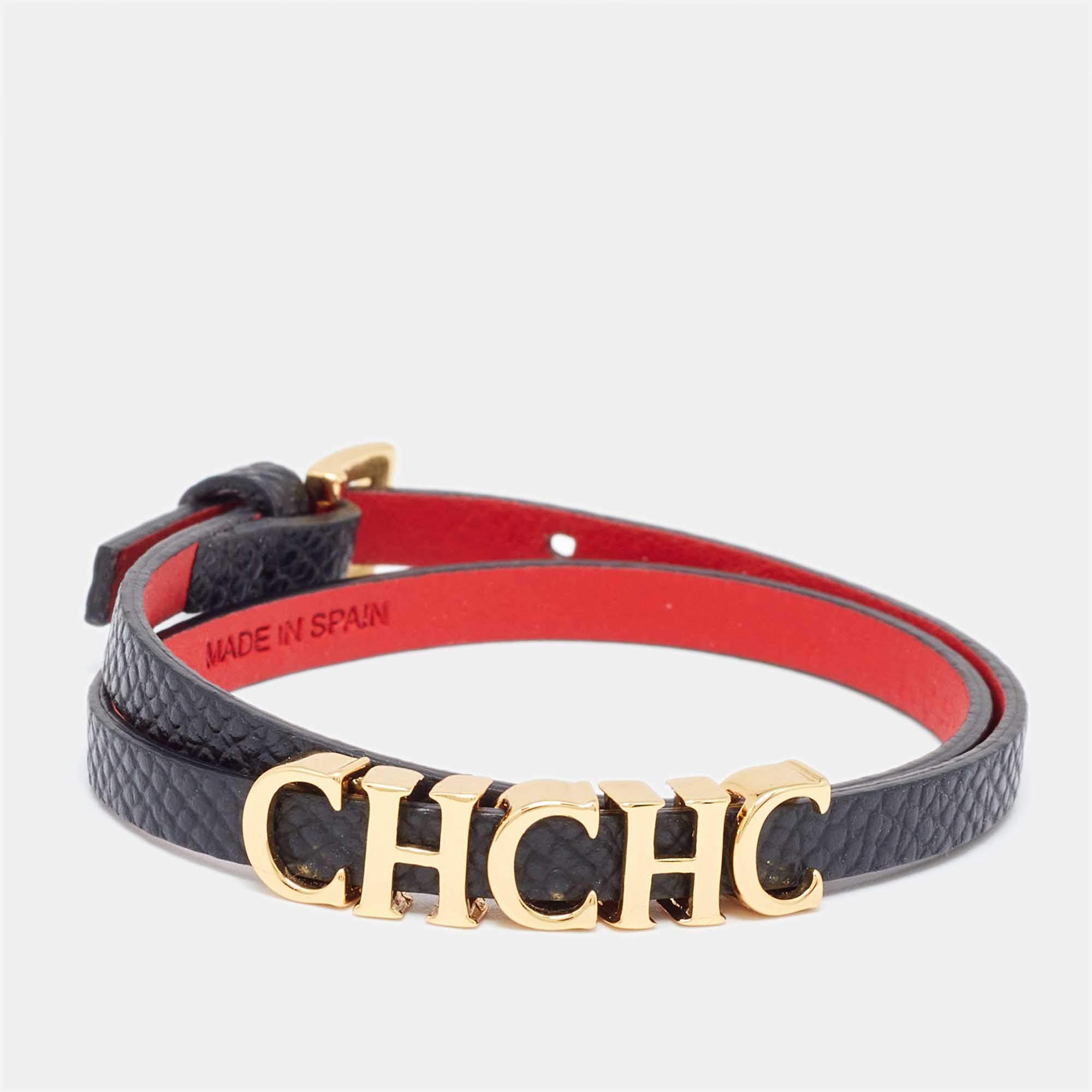 Pre Owned CH Carolina Herrera Black Leather Logo Double Wrap Bracelet