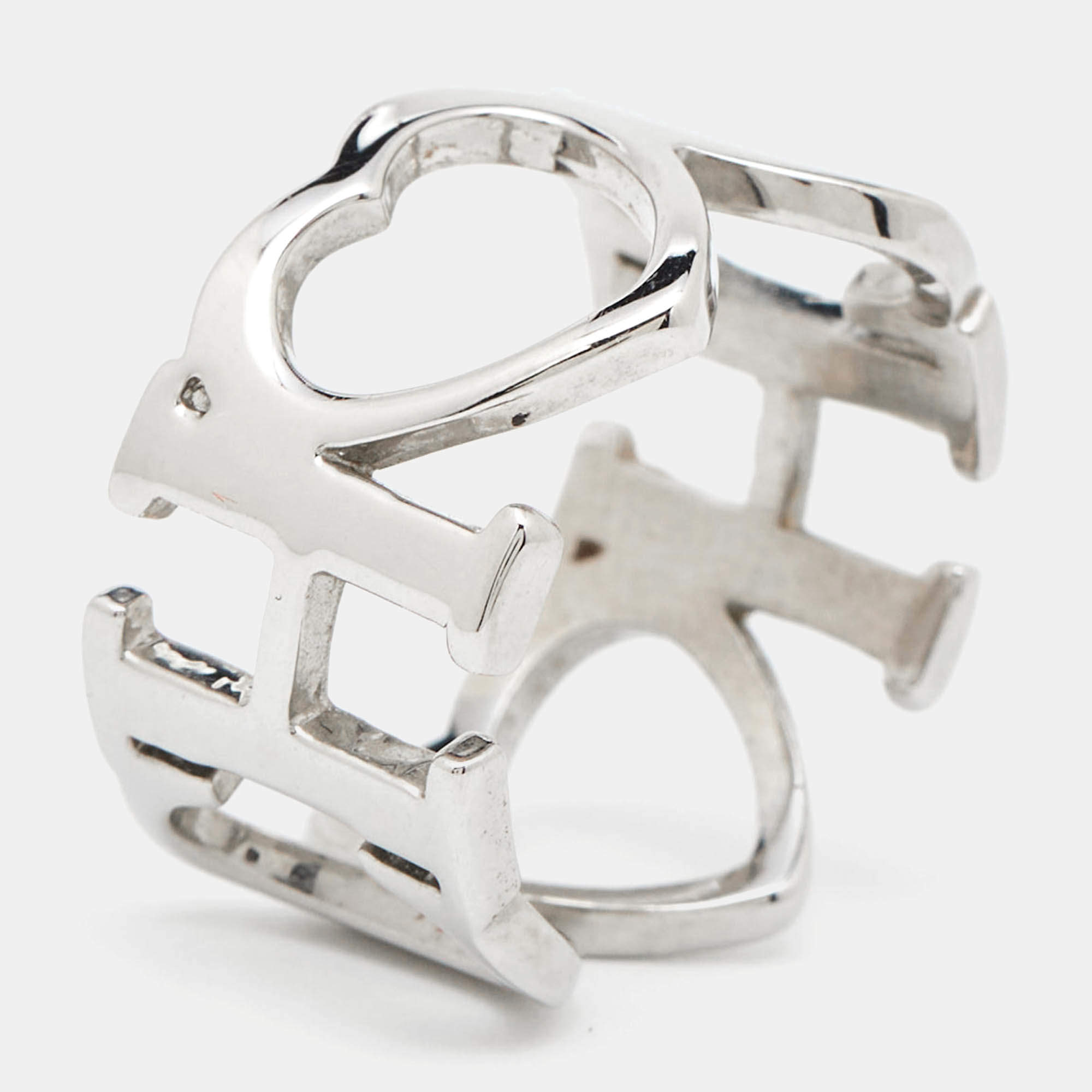 CH Carolina Herrera Silver Tone Logo & Heart Band Ring Size EU 53