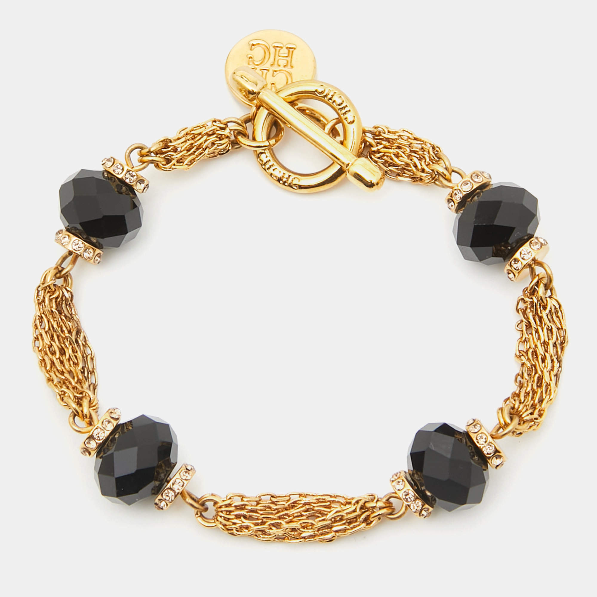 Carolina Herrera Crystals Gold Tone Multi Strand Black Beaded Toggle Bracelet